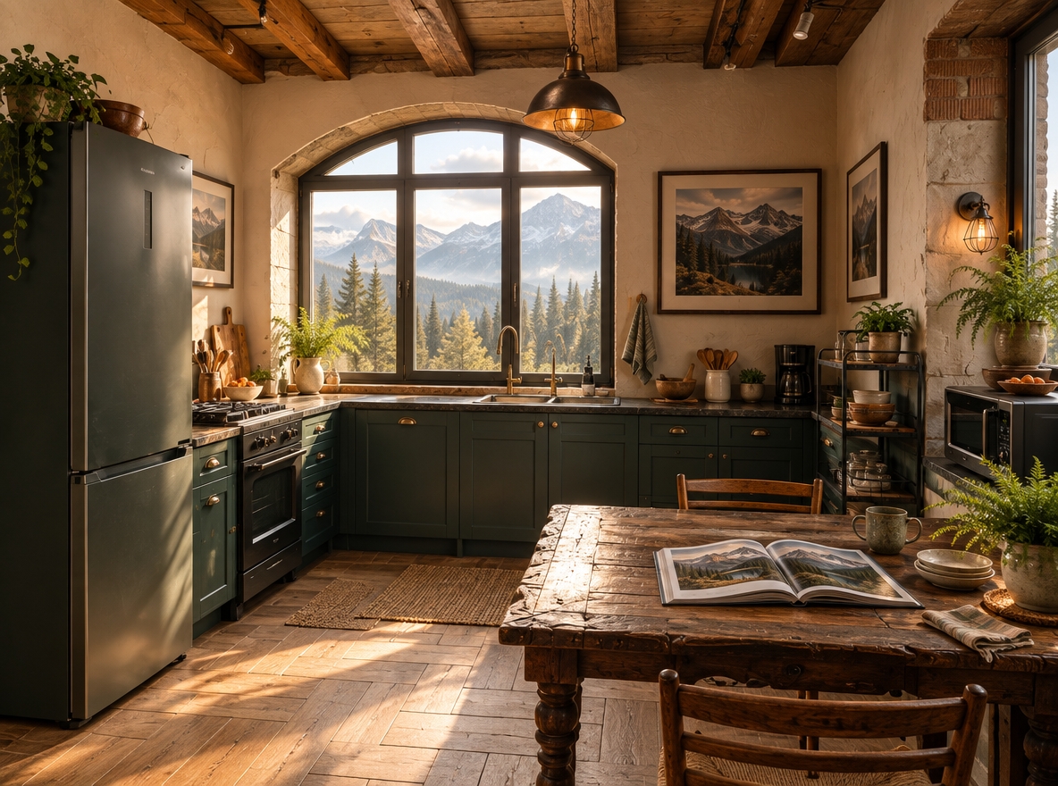An incredibly lifelike, richly detailed, photorealistic wide-angle interior shot of a reimagined rustic kitchen set in a cozy mountain escape. The scene is illuminated by warm, late-afternoon sunlight filtering through the dramatic arched window and complimented by amber-glowing wrought-iron pendant lights, creating an inviting, snug, and alpine-inspired atmosphere. Captured with a 24mm f/2.8 lens, emphasizing the rich textures of rough-hewn timber ceiling beams, honed soapstone countertops, and deep forest-green shaker cabinetry accented with antique brass pulls. The space features a heavy, hand-crafted reclaimed wood dining table set with an open mountain landscape photography book, ceramic tableware, and lush indoor ferns. Framed panoramic mountain range wall art adorns the textured warm-cream plaster walls, while the restored arched window offers an unobstructed, breathtaking view of towering pine forests and misty rugged peaks, seamlessly merging rugged nature with comfortable cabin living.