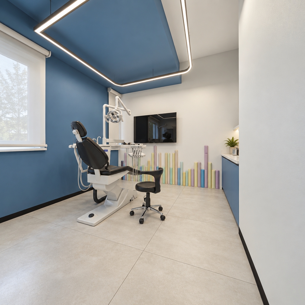 A crisp, photorealistic architectural photograph of the pediatric dental examination room, capturing the exact composition and geometry under soft, balanced 4500K clinical lighting. The suspended geometric ceiling light casts diffuse, realistic illumination and gentle ambient occlusions across the matte blue and white walls. The dental chair features authentic soft-sheen black vinyl with realistic creasing, while the dental equipment, robotic articulated arm, and rolling stool display physically accurate polished chrome and plastic reflections. Subtle environmental reflections appear across the wall-mounted television screen, accompanied by crisp grout textures across the large-format floor tiles, gentle edge highlights, natural optical falloff, and subtle sensor grain typical of a professional architectural interior capture.