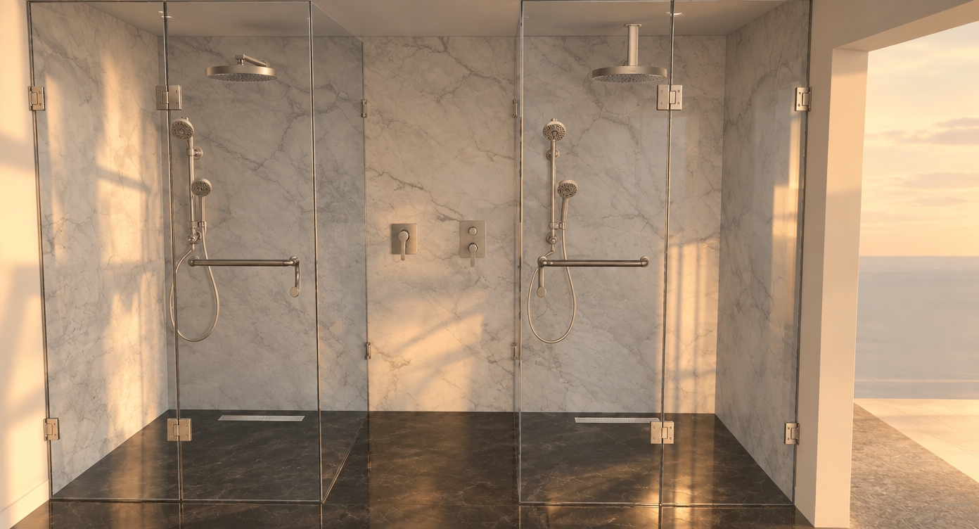 An incredibly lifelike, richly detailed, photorealistic interior eye-level shot of a dual-enclosure master shower suite set in a minimalist bathroom. The scene is illuminated by the soft, honey-toned golden hour light of a spring sunset, creating a serene, tranquil atmosphere. Captured with a 35mm wide-angle lens, emphasizing the crisp contrast between the polished, dark charcoal marble flooring and the cool-toned, vein-matched Carrara marble wall cladding. 

Within this minimalist haven, the precision-engineered Kohler shower systems catch the waning sunlight, their brushed metallic finishes glowing warmly against the glass. The seamless frameless glass enclosures offer a clean, expansive perspective, highlighting the sleek integration of the Kohler showerheads and wall-mounted hand showers. The subtle play of light creates soft, elongated shadows on the floor, while the natural, filtered sunset glow accentuates the rich, organic texture of the marble, imbuing the space with a sense of refined, high-end architectural luxury.