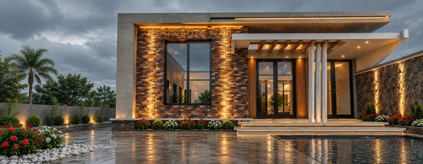 An incredibly lifelike, richly detailed, photorealistic wide-angle shot of a modern fusion villa set in a lush, tropical estate. The scene is illuminated by the soft, diffused light of a summer midday storm, creating a moody, refreshing atmosphere as raindrops streak across the polished concrete surfaces and ripple the tranquil surface of the infinity pool. Captured with a Phase One XF, 35mm lens, emphasizing the intricate textures of the multi-tonal brickwork, the sleek matte-black window frames, and the glistening wet timber slats.

The architecture marries clean, contemporary lines with organic materials, featuring a bold, monolithic frame that houses the residence. A gentle rain falls from a heavy, overcast sky, deepening the hues of the weathered brick facade and making the warm, ambient LED uplighting appear even more inviting against the cool, damp air. Elegant white columns support a minimalist portico, casting soft shadows onto the tiered entry steps, while the surrounding landscaping—comprised of vibrant tropical palms and manicured shrubs—appears lush and saturated from the hydration. The reflection of the house shimmering on the rain-dusted pool deck adds a layer of serene depth, anchoring the residence in a high-end, resort-like context that feels both sophisticated and tranquil.