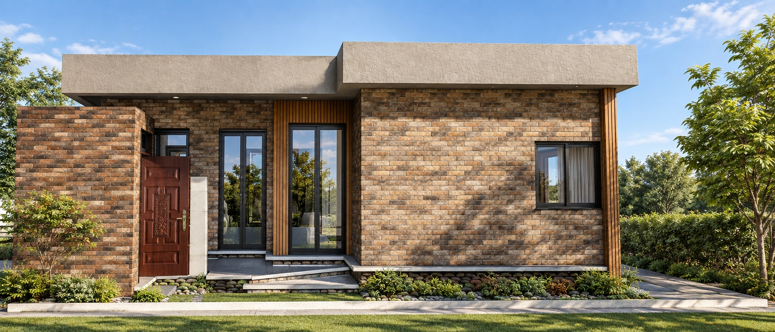 An incredibly lifelike, richly detailed, photorealistic eye-level exterior shot of a modern fusion residence set in a tranquil, landscaped suburban environment. The scene is illuminated by the crisp, golden light of a summer midday, creating a bright and inviting atmosphere. Captured with a 35mm lens, emphasizing the intricate textures of the warm-toned brick masonry, the sleek vertical wooden slats, and the polished dark-metal accents of the window frames.

The architectural design showcases a sophisticated blend of industrial and contemporary styles, featuring clean geometric lines and an open, modular aesthetic. The facade is defined by a bold interplay between the rustic, earthy brickwork and smooth, minimalist surfaces. A striking deep-brown entry door stands slightly ajar, hinting at the refined interior, while vibrant green foliage from surrounding planters provides a lush, natural contrast. Sharp, crisp shadows fall across the paved foundation, accentuating the depth of the structure, while the clear blue sky reflects softly off the clean glass surfaces, resulting in a perfectly composed image suitable for a high-end architecture and design publication.