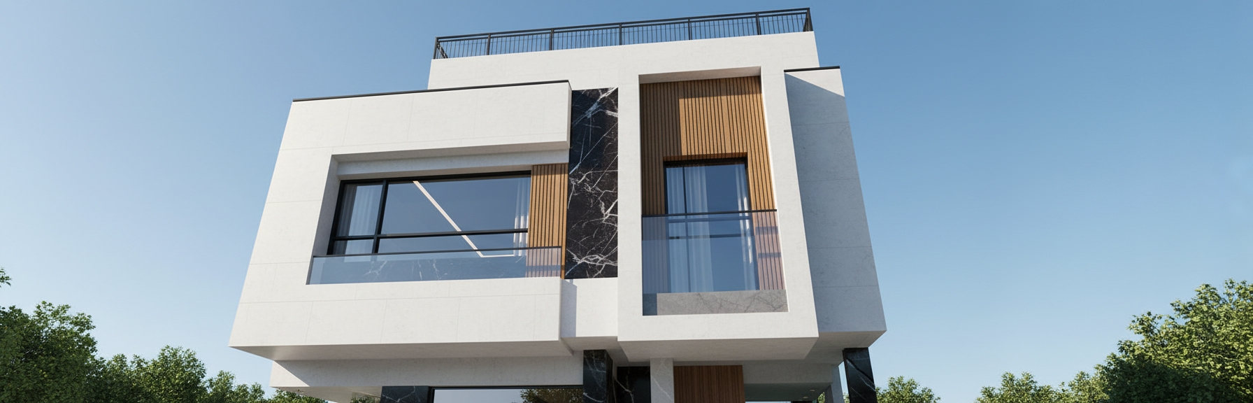 An incredibly lifelike, richly detailed, photorealistic low-angle architectural shot of a contemporary luxury residence set in a clear, sun-drenched suburban environment. The scene is illuminated by crisp, natural midday sunlight, creating a bright and sophisticated atmosphere that accentuates the clean lines of the minimalist design. Captured with a 24mm wide-angle lens, emphasizing the premium textures of polished white stone cladding, striking black veined marble accents, and warm vertical timber slats.

The facade is a minimalist haven, defined by bold geometric forms and a seamless interplay of materials. Large, floor-to-ceiling glass windows reflect the azure sky, hinting at a modern living room interior flooded with natural light. The precision-laid white stone finish radiates quality, contrasting sharply against the sleek, dark marble insets that ground the structure. The composition highlights the balanced symmetry of the cantilevered sections, while the subtle glass balustrades on the balconies add a touch of refined transparency. Set against a perfectly clear blue horizon, the structure appears as a beacon of modern elegance, with sharp shadows cast by the deep recesses of the design, enhancing the depth and sculptural presence of this architectural masterpiece.