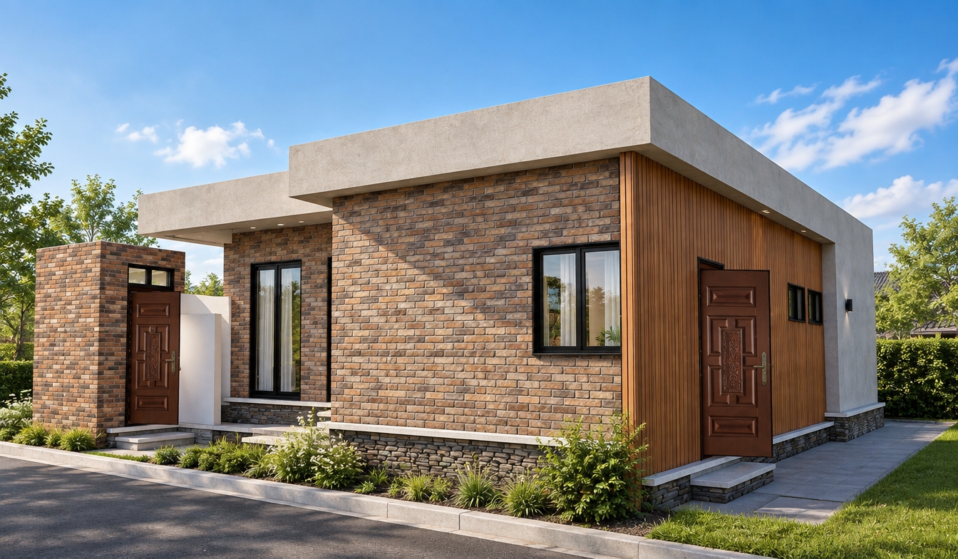An incredibly lifelike, richly detailed, photorealistic wide-angle architectural exterior shot of a modern fusion residence set in a tranquil, manicured suburban environment. The scene is illuminated by crisp, warm midday summer sun, creating a vibrant, high-contrast atmosphere with soft, deep shadows that emphasize the building's geometric silhouette. Captured with a 35mm lens, the image highlights the sophisticated interplay of textures: rugged, earth-toned brickwork, smooth matte concrete, and warm, vertical cedar wood paneling.

The architecture strikes a balance between industrial robustness and contemporary elegance, featuring a bold, modular form defined by clean, sharp lines. The exterior cladding transitions seamlessly from a traditional stone-base foundation to sleek, light-colored concrete parapets, accented by the rich, polished grain of wooden entrance features. Large, minimal black-framed windows provide a striking contrast against the textured brick, while an open-door invitation reveals a hint of a clean, light-filled interior. Lush, verdant greenery softens the perimeter, adding a vibrant touch of nature to the refined palette of whites, blacks, and natural wood tones, resulting in an aesthetic that feels both minimal and profoundly impactful.