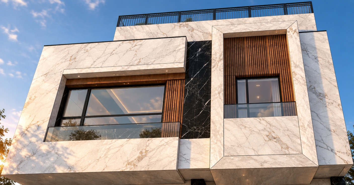 An incredibly lifelike, richly detailed, photorealistic low-angle architectural perspective of a contemporary luxury residence set against a crisp, cerulean afternoon sky. The scene is illuminated by the brilliant, warm glow of a golden hour sun, creating an elegant and sophisticated atmosphere. Captured with a 24mm wide-angle lens, emphasizing the high-contrast textures of polished white Calacatta marble cladding, deep black Nero Marquina marble accents, and vertical slatted teak wood detailing.

The facade showcases a mastery of depth, with the white marble volumes providing a seamless, monolithic canvas that highlights the intricate veining of the black marble panels recessed within. The horizontal expansive glazing reflects the bright sky, while the vertical wood slats add a tactile, organic warmth to the minimalist geometric form. The transition between materials is precise, featuring delicate frameless glass balcony railings that underscore the project's modern "digital zen" aesthetic. The composition draws the eye upward toward the sleek, dark metal parapet detailing on the terrace, emphasizing the sharp, clean lines and the harmonious interplay between solid massing and transparent voids.