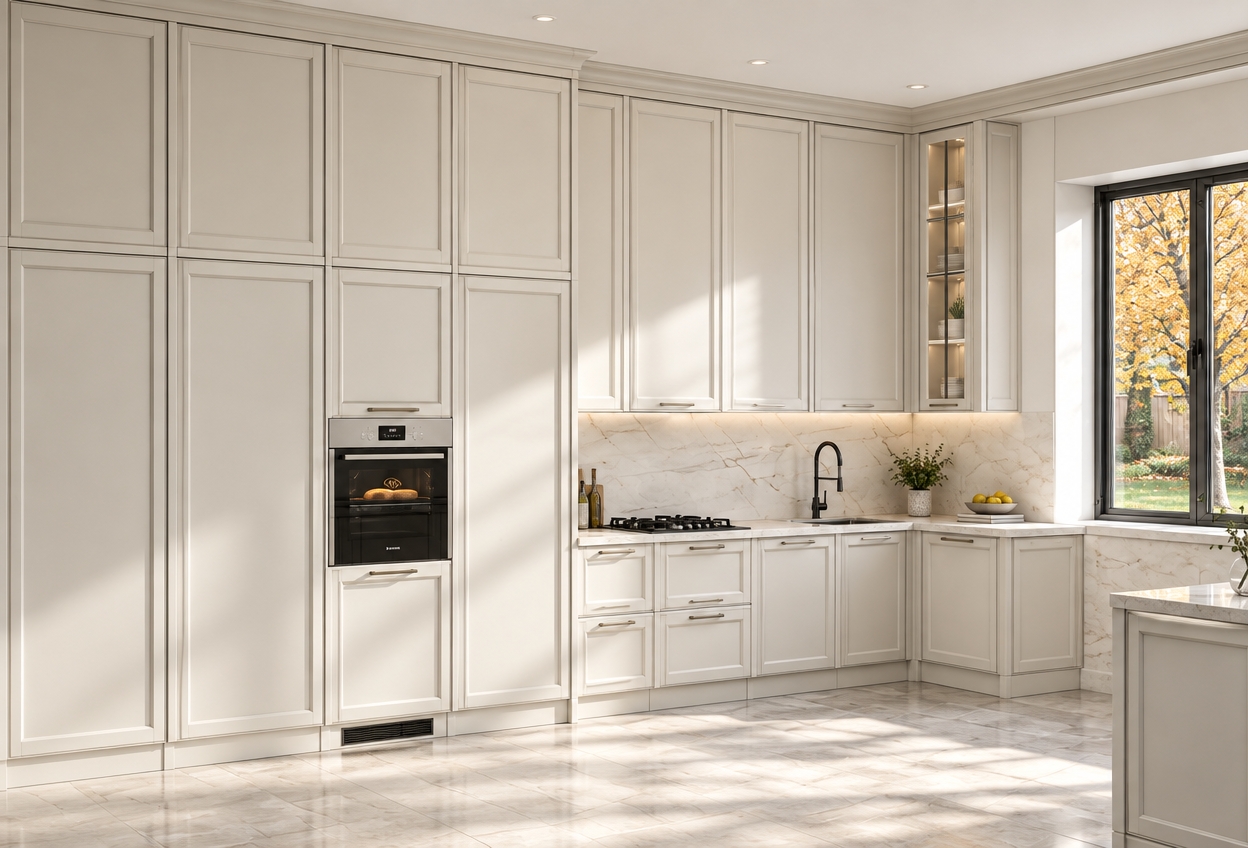 A crisp architectural photograph capturing this exact kitchen scene illuminated by clear, bright midday autumn sunlight pouring through the side window. The off-white cabinetry displays a smooth satin finish with subtle panel seams, complemented by polished light marble countertops and matching backsplash tile. Directional autumn daylight casts soft, natural shadows across the pale tiled floor, producing gentle specular reflections on the black metal faucet, gas stovetop, and glass oven door with its warm interior glow. Outside the window, foliage shows hints of golden-amber fall tones, while the interior is balanced with realistic ambient bounce, sharp depth of field, and clean dynamic range.
