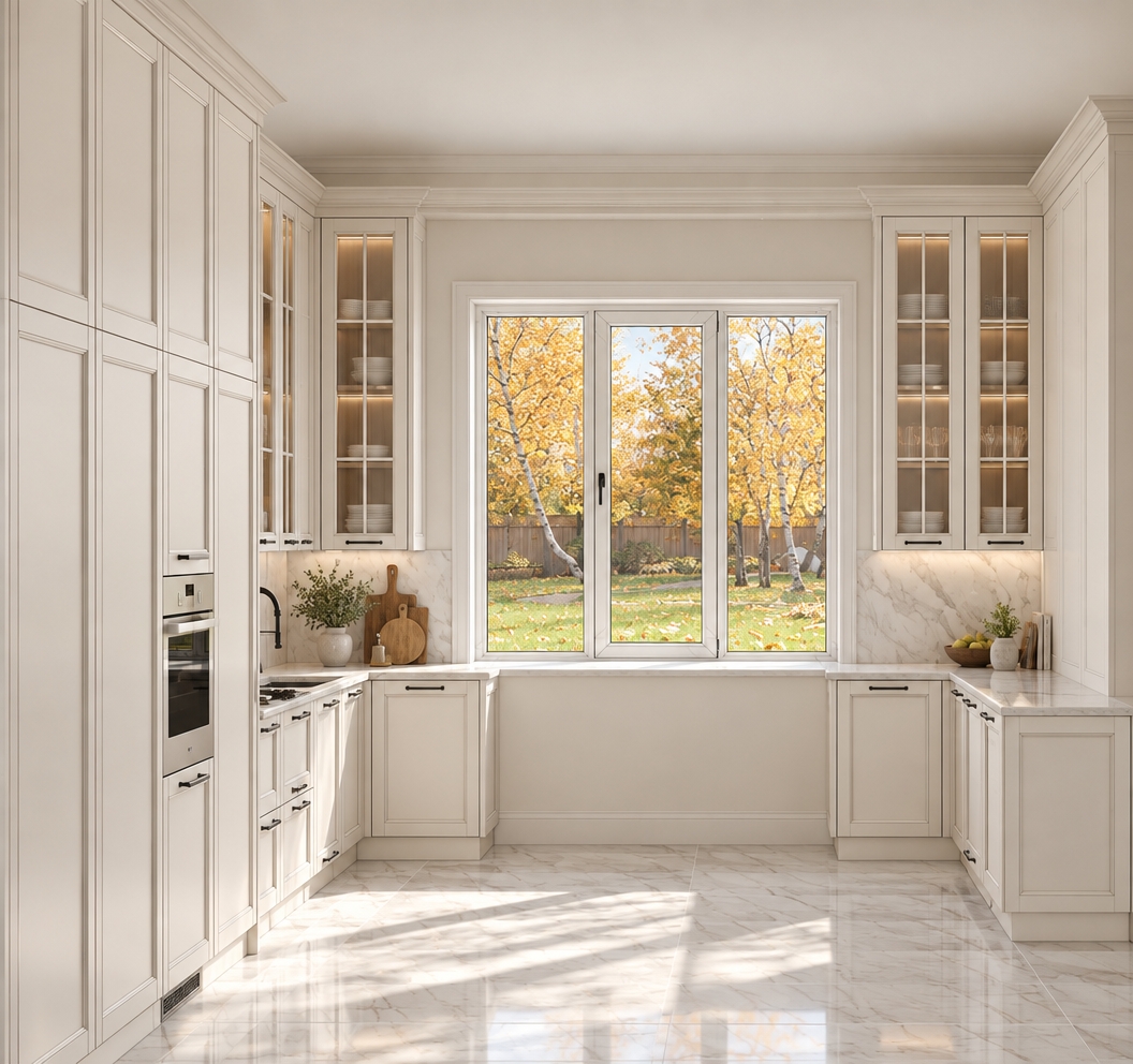 An architectural photograph preserving the exact layout and perspective of the kitchen, illuminated by bright, natural midday light pouring through the center casement window. Outside, backyard trees display rich golden and amber autumn foliage under a soft daytime sky. The cabinetry features a smooth, matte off-white finish with detailed joinery and dark metal handles, complemented by light veined marble countertops and polished stone floor tiles that exhibit gentle diffuse reflections. Photographed with a crisp architectural wide-angle lens, rendering realistic light falloff, authentic material textures, and natural ambient contact shadows without altering the geometry.