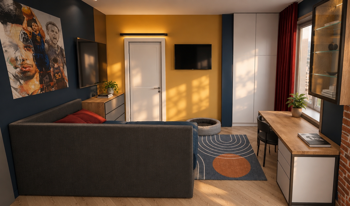 An incredibly lifelike, richly detailed, photorealistic interior perspective shot of a modern, minimalist bedroom set in an urban apartment. The scene is illuminated by the soft, golden hour glow filtering through the window, creating a serene and zen-inspired atmosphere. Captured with a 35mm wide-angle lens, the composition emphasizes the clean lines of the custom dark charcoal bed frame and the natural grain of the sleek oak-wood desk, perfectly balanced against the dramatic deep-navy accent wall adorned with high-fidelity sports portraiture. The floor is covered in light, brushed oak hardwood planks, complemented by a geometric area rug featuring earthy pastel accents that ground the space. Clutter-free surfaces showcase refined touches like a slim, leather-bound photography book resting on the desk and a lush, small indoor plant perched near the glass-fronted wall cabinet, which adds a vibrant life-force to the room. The transition between the bold yellow wall near the crisp white door and the textured brick accent wall creates a sophisticated interplay of color and material, while the floor-to-ceiling white wardrobe provides a seamless, streamlined storage solution that maintains the room's elegant, uncluttered aesthetic. Every shadow is soft and diffused, highlighting the tactile quality of the velvet-red curtains and the smooth matte finish of the furniture, resulting in a cohesive, tranquil sanctuary.