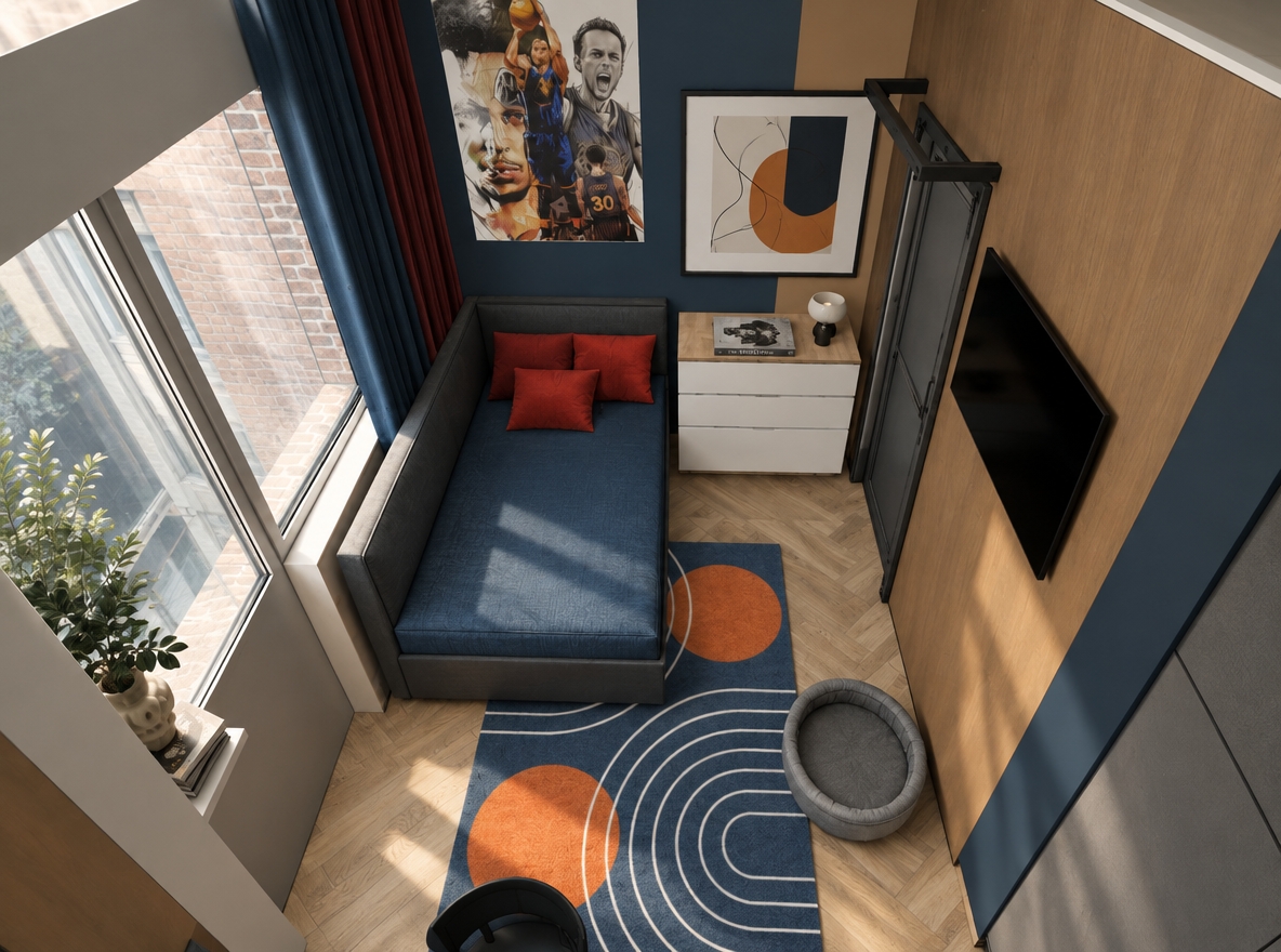 An incredibly lifelike, richly detailed, photorealistic bird’s-eye interior shot of a compact, minimalist bedroom set in a modern urban apartment. The scene is illuminated by soft, diffused late-afternoon natural light streaming through the large window, creating a serene and zen-inspired atmosphere. Captured with a 35mm lens, emphasizing the crisp textures of the light-oak herringbone flooring, the matte finish of the navy blue accent wall, and the clean, architectural lines of the charcoal-toned daybed. The room is a masterclass in streamlined functionality, featuring a clutter-free surface area adorned with a high-end photography book, an abstract wall art piece hanging above a sleek white dresser, and a vibrant, graphic area rug in deep blue and burnt orange that anchors the space. A subtle blend of white, soft gray, and warm wood tones creates a balanced, elegant palette, while the presence of a lush, sculptural indoor plant adds a touch of organic life to the corner, enhancing the depth and perspective of this sophisticated, well-curated sanctuary.