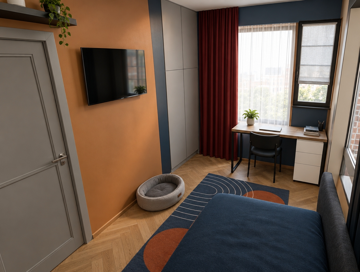 An incredibly lifelike, richly detailed, photorealistic high-angle interior photo of a sophisticated bedroom, serving as a minimalist haven set in an urban apartment. The scene is illuminated by soft, diffused natural light filtering through the window, creating a serene and zen-inspired atmosphere. Captured with a 24mm wide-angle lens, emphasizing the warm honey-toned herringbone parquet flooring that contrasts beautifully with the bold navy and muted terracotta color palette. The room is a masterclass in functional, streamlined design, featuring floor-to-ceiling matte gray cabinetry that blends seamlessly into the walls, a sleek light-wood writing desk with clean geometric metal framing, and an ergonomic designer chair. The space remains uncluttered, with a focus on purposeful elements: an abstract area rug anchors the room with its circular, rhythmic patterns, a single pet bed rests neatly on the floor, and a curated selection of subtle decor, including a small indoor plant, breathes life into the surfaces. The composition highlights a perfect balance between comfort and modern elegance, where the crisp lines of the furniture interact with the rich textures of the heavy curtain drapes, resulting in a tranquil, highly organized retreat that feels both curated and deeply inviting.