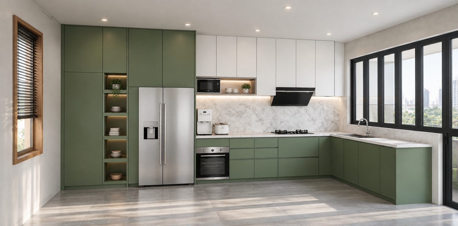 An incredibly lifelike, richly detailed, photorealistic interior shot of a minimalist haven kitchen set in a serene, urban home. The scene is illuminated by soft, diffused daylight pouring through the floor-to-ceiling glass partitions, creating a bright, airy, and Zen-inspired atmosphere. Captured with a 35mm wide-angle lens, emphasizing the crisp contrast between the matte sage-green cabinetry and the clean, snow-white upper cupboards.

The kitchen is a masterpiece of functional minimalism, featuring streamlined, handleless joinery that keeps surfaces entirely clutter-free. A luxurious white marble backsplash adds a subtle touch of elegance, perfectly complementing the industrial gray floor tiles. A modern, stainless steel oven and matching refrigerator are integrated seamlessly into the design. To the left, a warm wooden window frame houses a sleek black blind, providing a natural warmth that balances the monochromatic color palette. The space feels intentionally curated and peaceful, with every element—from the high-end appliances to the clean lines of the countertops—focused on achieving a harmonious, elegant, and modern living environment.