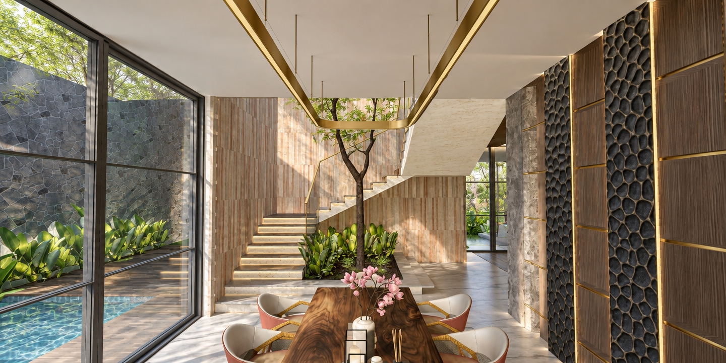 A photorealistic eye-level architectural photograph capturing the luxury modern interior bathed in bright, clear midday spring sunlight. Maintain the exact composition, perspective, and materials, rendering rich physical textures: the polished natural grain of the dark timber dining table, fresh pink blossoms in the ceramic centerpiece, brushed metallic luster on the suspended brass chandelier, and tactile relief on the dark honeycomb wall panels. Crisp natural daylight streams through the floor-to-ceiling glass wall on the left, creating authentic caustic reflections from the outdoor pool and soft shadows beneath the floating staircase and lush indoor courtyard tree, captured with clean architectural lens precision and balanced exposure.