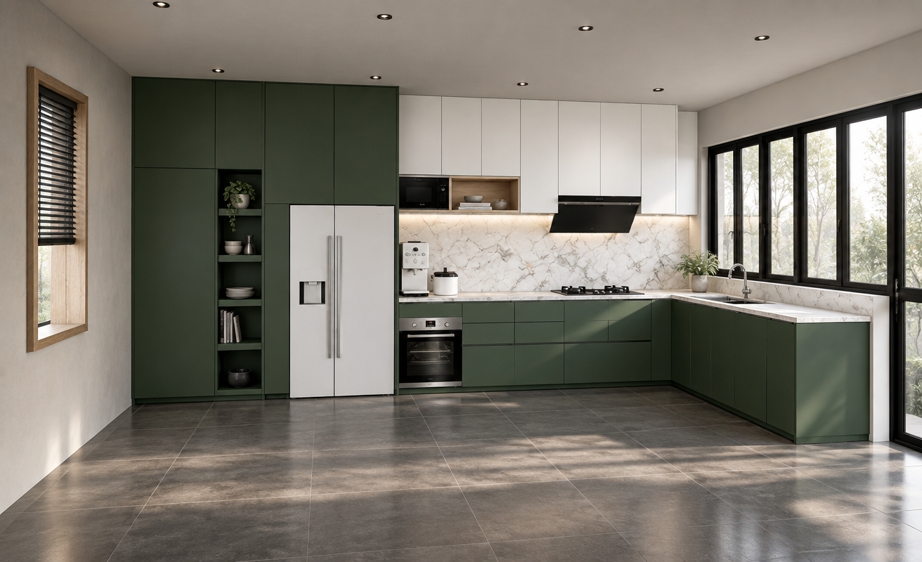 An incredibly lifelike, richly detailed, photorealistic interior shot of a sophisticated kitchen set in a minimalist haven. The scene is illuminated by soft, natural light spilling in from the expansive side windows, creating a serene and zen-inspired atmosphere. Captured with a 35mm lens, the rendering emphasizes the interplay between the deep forest-green matte cabinetry and the pristine, seamless white upper cupboards. The countertop, a luxurious slab of white Calacatta marble with delicate gray veining, remains perfectly clutter-free, showcasing only a sleek, modern coffee station and a high-end built-in oven. 

The floor features large-format charcoal gray porcelain tiles that ground the space, while a minimalist oak-framed window adds a touch of organic warmth to the monochromatic palette. To the right, a wall of industrial-style black-framed glass panes invites the outside in, blurring the lines between the architecture and the exterior landscape. The composition is expertly balanced, highlighting the functionality of the streamlined L-shaped layout. Subtle touches—a hint of greenery from a small potted plant near the sink and the clean lines of the integrated appliances—contribute to an elegant, uncluttered aesthetic that exudes calm and modern refinement.