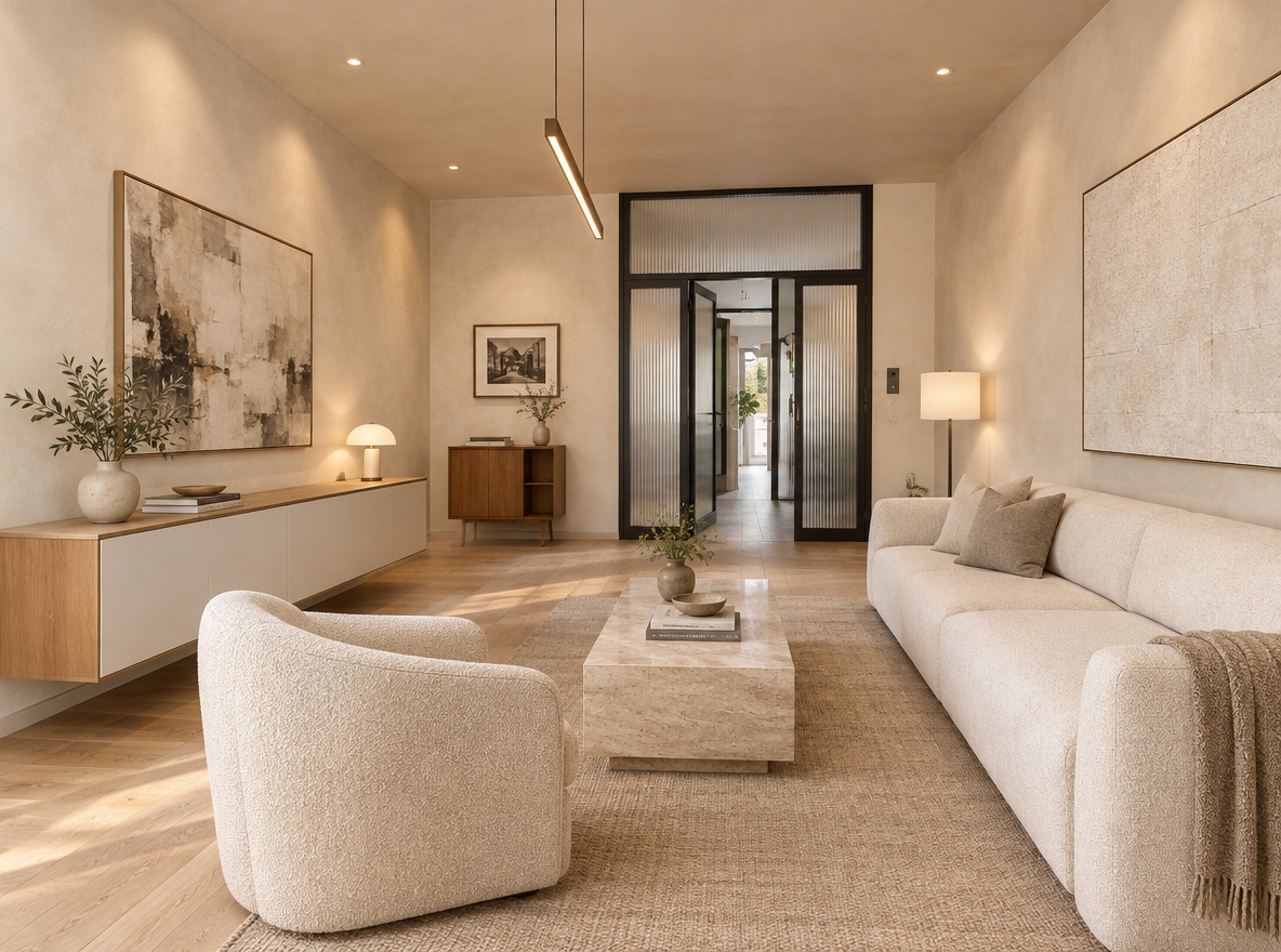 An incredibly lifelike, richly detailed, photorealistic wide-angle interior shot of a transformed, minimalist haven living room set in an elegant urban home. The scene is illuminated by soft, natural midday autumn light filtering through large windows complemented by warm, recessed architectural spotlights, creating a serene and sophisticated atmosphere. Captured with a 24mm f/2.8 architectural lens, emphasizing warm natural wood grains, tactile bouclé upholstery, and seamless matte finishes. The dated patterned tiles are replaced with seamless, wide-plank pale oak hardwood flooring that expands the space. In place of the bulky wooden hutch stands a sleek, low-profile floating credenza in natural wood and matte off-white, while the dated doorway is modernized with a minimalist black-framed fluted glass pivot door. The heavy leather seating is traded for a streamlined, low-profile cream bouclé sofa and a sculptural accent armchair centered around a minimalist solid stone coffee table atop an understated wool rug. The ornate chandelier makes way for a subtle, designer linear pendant light, and the walls are kept nearly bare, finished in warm lime-wash paint with a single large-scale abstract textured canvas, achieving an uncluttered, balanced modern aesthetic.