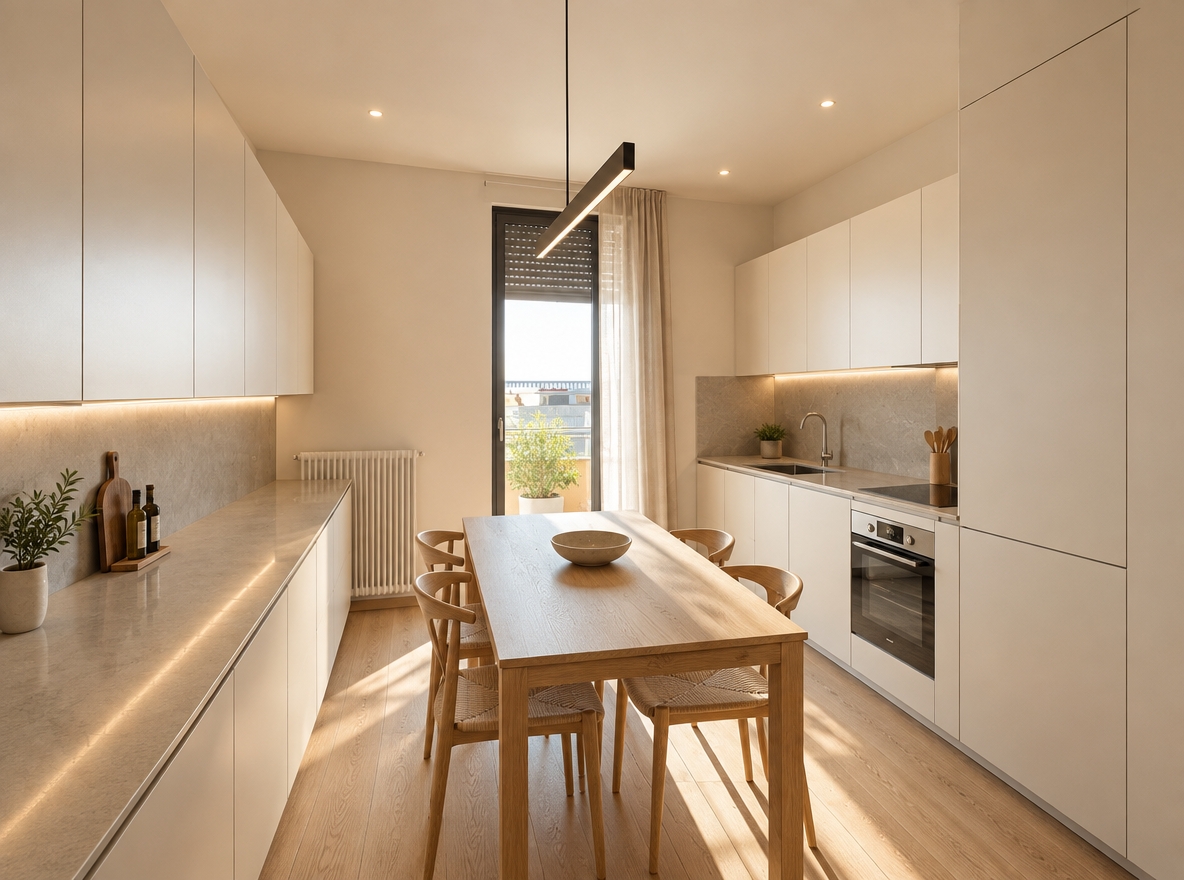 An incredibly lifelike, richly detailed, photorealistic wide-angle interior photograph of a completely reimagined minimalist kitchen set in a serene, contemporary urban home. The scene is illuminated by crisp, golden-hued midday autumn sunlight pouring through the floor-to-ceiling balcony glass, subtly complemented by soft, warm recessed spotlights, creating a calm, airy, and inviting atmosphere. Captured with a high-end full-frame camera and a 24mm architectural lens, emphasizing the fine grain of pale oak hardwood floors, smooth matte surfaces, and clean geometric lines. The outdated patterned tiles and cluttered wall decor are replaced by smooth warm-white walls and a seamless, honed light-grey quartz backsplash that spans behind sleek, handleless flat-panel cabinetry. In the center, a refined dining arrangement featuring a slim, solid light oak table and sculpted minimalist chairs with woven seats replaces the old dining set, anchored above by a slim, sculptural black linear pendant light. The clutter is stripped away, leaving only a single artisan ceramic bowl on the dining table and integrated high-end appliances, transforming the narrow space into an exceptionally organized, uncluttered, and functional minimalist haven.