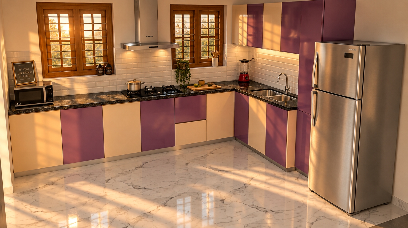 A high-angle architectural photograph capturing this exact kitchen layout bathed in the warm, golden glow of a spring sunset. Low-angled sunlight streams through the wooden-framed windows, casting long, soft shadows across the polished white marble floor and dark granite countertops. The two-tone purple and beige cabinetry features realistic satin laminate finishes with subtle surface imperfections, while the stainless steel refrigerator, sink, range hood, and microwave exhibit authentic brushed metal sheens and reflections. The white subway tile backsplash captures warm ambient bounce light, enhancing realism alongside natural light falloff, gentle lens warmth, and fine photographic texture without changing any positions or geometry.