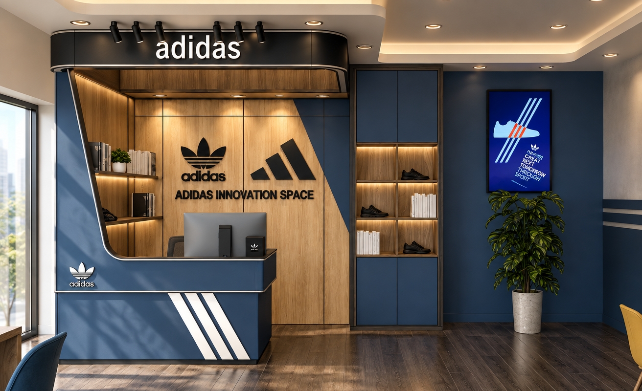 A realistic photograph of this interior space captured with an eye-level architectural lens, illuminated by soft natural daylight streaming from the left and balanced by warm ceiling downlights. All existing materials are rendered authentically, showcasing natural vertical grain on the light oak paneling, a smooth matte finish on the deep blue cabinetry, subtle reflections across the dark plank flooring, and glossy leaves on the potted plant. Clean dynamic range, natural ambient occlusion, and soft contact shadows replace the line art, preserving the exact geometry and layout without alteration.