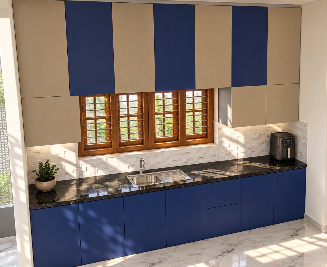 A photorealistic architectural photograph preserving the exact angle, layout, and geometry, illuminated by bright, direct midday summer sunlight pouring through the wooden window frames. The upper and lower cabinets feature realistic matte deep blue and neutral beige finishes with subtle seam lines. The black polished countertop displays natural mineral flecks and crisp specular highlights, complemented by the brushed metallic sheen of the stainless steel sink and chrome faucet. Hard-edged natural shadows stretch across the textured white backsplash and polished marble flooring, while balanced interior ambient light softens the contrast, captured sharply on a professional wide-angle lens with natural color saturation and clean photographic depth.