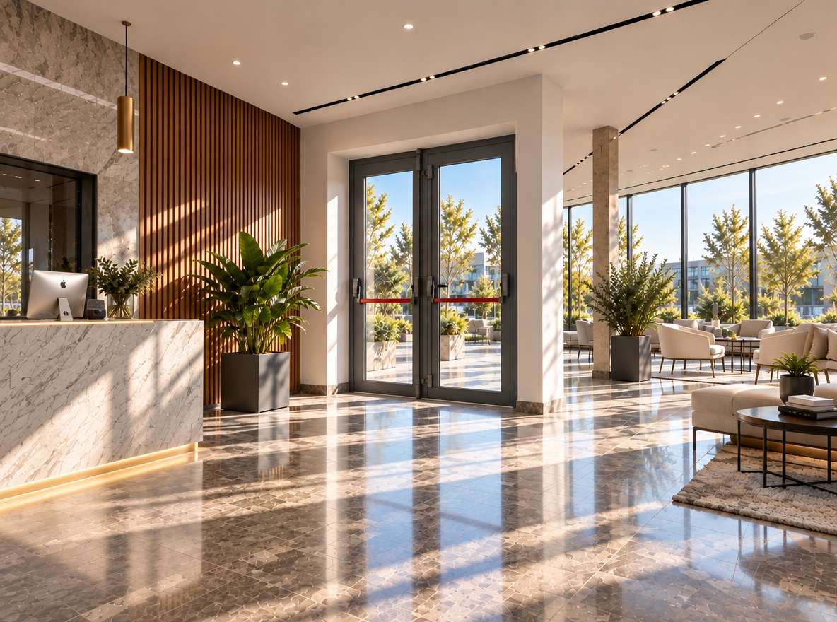 A sharp, authentic architectural photograph captured on a professional camera with a wide-angle tilt-shift lens, fully preserving the exact geometry, perspective, and composition of the modern lobby. Natural morning sunlight streams through the floor-to-ceiling perimeter glazing and framed glass exit doors, casting physically accurate shadows and soft light patterns across the polished stone floor. Surfaces exhibit realistic tactile textures, including nuanced veining and faint surface micro-abrasions on the marble reception desk, natural grain along the fluted timber wall, and delicate subsurface scattering on the leaves of the potted plants. Gentle ambient light bounces seamlessly between the neutral walls and the lounge seating, while subtle photographic traits such as minimal lens flare, fine dust in the sunbeams, and mild vignetting eliminate the synthetic 3D look to achieve a clean, true-to-life architectural photograph.