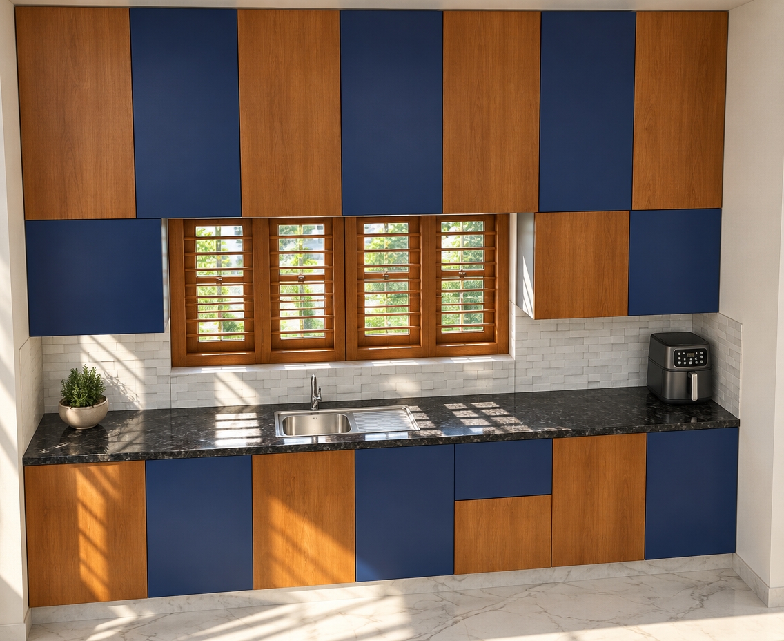 A crisp architectural photograph capturing the kitchen scene bathed in bright, natural midday summer sunlight streaming through the wooden window. The direct exterior daylight creates sharp geometric shadows across the polished black granite countertop, brushed stainless steel sink, and textured white tile backsplash. Authentic material physics bring out the fine grain of the warm wood veneer panels, the smooth matte finish of the navy blue cabinets, and subtle reflections on the appliance and faucet. Maintaining the exact straight-on framing, the image is rendered with a clean 35mm architectural lens perspective, balanced 5500K daylight color temperature, and realistic micro-textures on every surface.