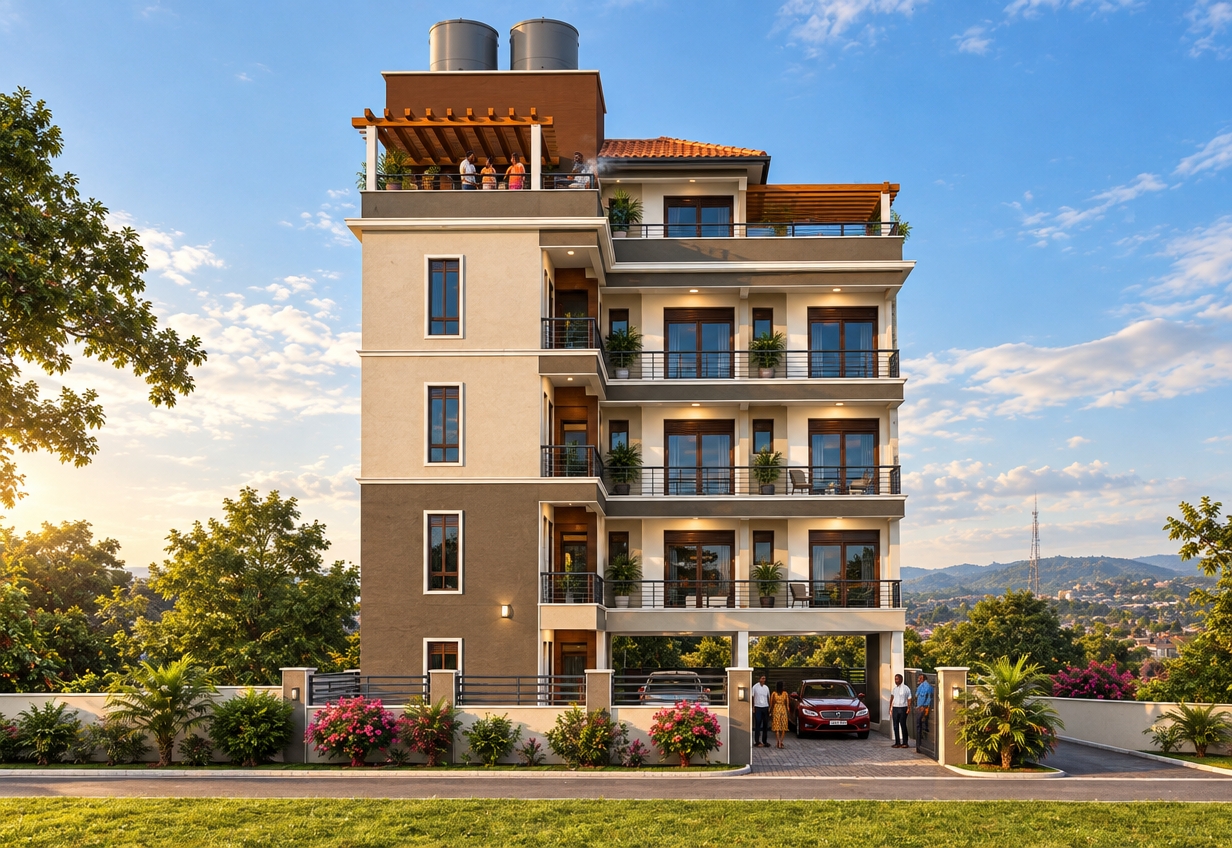 A bright architectural photograph of the multi-story apartment building under warm afternoon sunlight, preserving the exact geometry, composition, and perspective. The smooth stucco walls, clay roof tiles, and glass windows feature realistic surface textures, soft reflections, and directional shadows. African residents mingle naturally across the compound near cars parked in the ground-level bay, framed by lush flowering planters and perimeter trees. On the open rooftop terrace, people gather around a smoking barbecue grill beneath the pergola. Captured with a professional wide-angle lens, showing crisp dynamic range, natural ambient lighting, and subtle photographic grain.