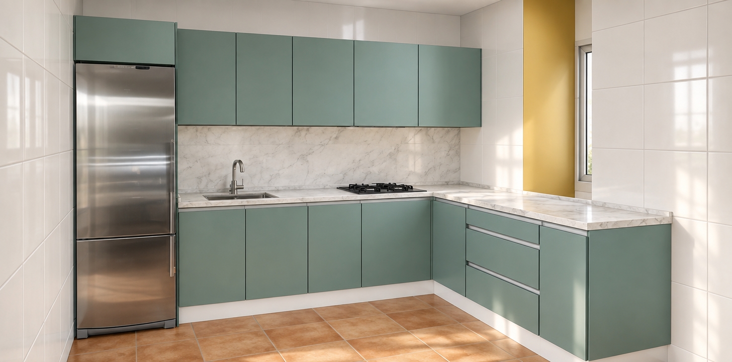 An incredibly lifelike, richly detailed, photorealistic interior shot of a modern fusion kitchen set in a contemporary apartment. The scene is illuminated by soft, natural morning light filtering from an adjacent window, creating a crisp, airy atmosphere. Captured with a 35mm wide-angle lens, emphasizing the smooth matte finish of the sage-green cabinetry contrasted against the elegant, veined Carrara marble countertops. 

The composition highlights a perfect L-shaped workflow, where the cool-toned cabinetry anchors the space against stark white tiled walls and warm, earthy terracotta floor tiles. A premium stainless steel refrigerator stands tall on the left, its reflective surface catching the ambient light, while the minimalist undermount sink and flush-integrated gas cooktop suggest a seamless, high-end functionality. A subtle, mustard-yellow accent panel behind the counter adds a playful, modern-fusion touch, elevating the space with depth and personality. The sharp focus on the joinery and the clean lines of the drawers creates a sense of sophisticated, clutter-free order, typical of a high-end architectural portfolio.