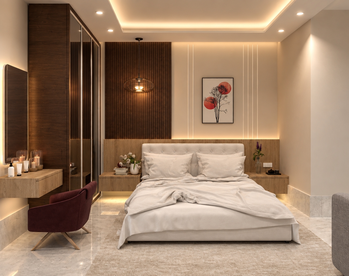 An incredibly lifelike, richly detailed, photorealistic eye-level interior shot of a minimalist master bedroom set in a luxury urban apartment. The scene is illuminated by a warm, diffused cove lighting and a singular designer pendant lamp, creating a serene, Zen-inspired atmosphere. Captured with a 35mm wide-angle lens, emphasizing the fine grain of the dark walnut-slatted accent wall and the crisp, tactile texture of the white tufted headboard. 

The composition centers on a streamlined, low-profile bed draped in high-thread-count white linens, flanked by floating light oak nightstands that emphasize a clutter-free, functional aesthetic. To the left, a sleek vanity with a deep maroon accent chair adds a touch of modern elegance, while subtle touches like a glass-bottled floral arrangement and a refined abstract art piece on the wall provide a curated, poetic focus. The flooring, a polished, light-reflective stone, grounds the space, while the monochromatic palette of whites, creams, and woody browns creates a sanctuary of calm. Every element is meticulously placed, reflecting a perfect balance of form and function that defines contemporary, elegant living.