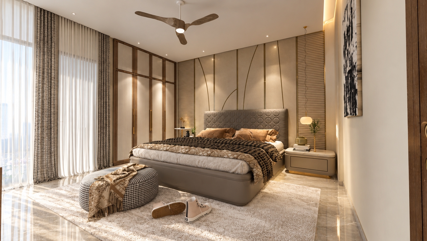 An incredibly lifelike, richly detailed, photorealistic wide-angle interior shot of a modern fusion bedroom set in a luxury urban high-rise during a bright summer midday. The scene is illuminated by a soft, diffused natural light filtering through sheer floor-to-ceiling curtains, creating a serene, sophisticated atmosphere. Captured with a 24mm wide-angle lens, the image emphasizes the high-contrast textures of the circular houndstooth ottoman, the plush beige area rug, and the refined interplay between metallic accents and warm wooden cabinetry. 

The room showcases a masterful blend of contemporary design, where sleek, geometric wall panels serve as a backdrop to the bold, modular headboard. Abstract black-and-white art provides a striking visual focal point against the clean, neutral walls, while carefully placed lush greenery introduces an organic, vibrant touch. Smooth surfaces reflect the warm ambient glow of hidden cove lighting and a minimalist pendant lamp, highlighting the polished marble flooring. The composition perfectly captures an open, uncluttered flow, balancing industrial-inspired hardware with soft, layered textiles to evoke a sense of effortless, high-end urban living.