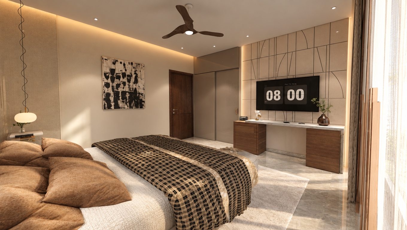 An incredibly lifelike, richly detailed, photorealistic interior shot of a sophisticated modern fusion bedroom set in a bright, sun-drenched summer afternoon. The scene is illuminated by warm, diffused natural light filtering from the side, creating a serene and inviting atmosphere. Captured with a wide-angle 35mm lens, emphasizing the crisp textures of the plush, oversized pillows, the structured plaid throw, and the cool, veined marble flooring. 

The room balances industrial-inspired clean lines with organic warmth; a minimalist console table in rich walnut wood sits against a geometric, backlit feature wall that serves as a bold focal point. Above the bed, a striking piece of monochromatic abstract wall art adds a dynamic, artistic edge, while the soft glow of a contemporary pendant lamp creates an intimate corner. The space feels open and uncluttered, with modular cabinetry that blends seamlessly into the walls. A small, elegant vase with a sprig of greenery provides a vibrant, natural accent against the neutral palette of creams, blacks, and wood tones, resulting in a perfectly composed, gallery-quality living space.