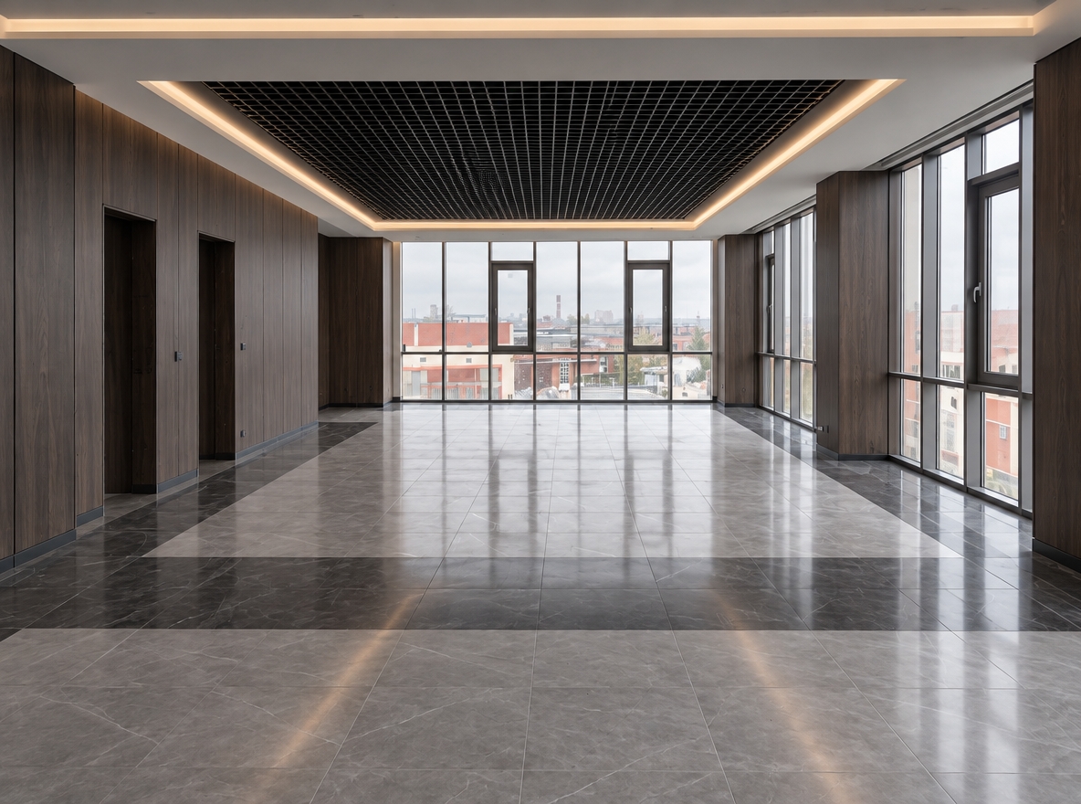 An incredibly lifelike, richly detailed, photorealistic wide-angle interior photograph of an expansive modern commercial interior set in a sleek architectural corporate space. The scene is illuminated by soft, diffused overcast daylight pouring through the floor-to-ceiling panoramic windows balanced by the warm, hidden glow of continuous perimeter cove lighting, creating a serene, sophisticated, and minimalist professional atmosphere. Captured with a 24mm tilt-shift lens on a full-frame camera, emphasizing the tactile vertical grain of cool-toned dark walnut, the semi-reflective polish of the grey floor tiles, and the clean geometric precision of the ceiling structure.

Maintaining the exact perspective and spatial geometry of the original room, the existing large-format porcelain floor remains pristine with its alternating bands of pale concrete-grey tiles and bold, deep charcoal accent borders reflecting the soft external light. All structural columns and vertical pillars are seamlessly clad in full-height, flat dark cool-toned walnut panels, defined by sharp, hairline vertical reveals that elongate the architecture and lend warmth to the minimalist volume. Above, the central ceiling recess is neatly resolved with a refined matte-black open-cell grid ceiling, completely masking the mechanical infrastructure while maintaining an airy depth, elegantly framed by hidden, continuous LED cove lighting that washes a soft, architectural halo onto the surrounding crisp white drywall perimeter.