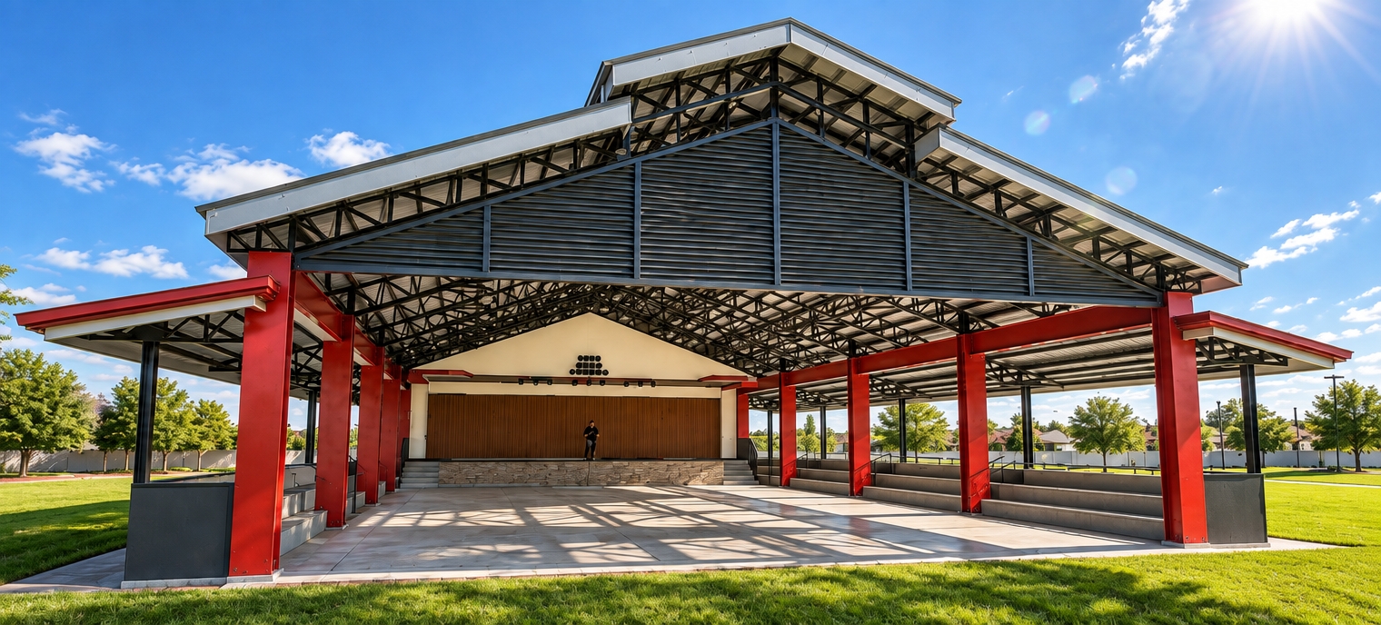 A crisp architectural photograph of the outdoor pavilion captured under the harsh, bright sun of a clear midday in summer. Overhead daylight casts deep, sharp geometric shadows from the steel trusses onto the light concrete floor and bleachers, highlighting natural ground textures and subtle surface scuffs. The red coated steel pillars show realistic gloss reflections and fine weather wear, while the surrounding green lawn appears rich and sunlit. The shot maintains the exact original wide-angle perspective and framing, rendered with authentic clarity, subtle lens flare, natural optical vignetting, and clean, realistic depth of field.