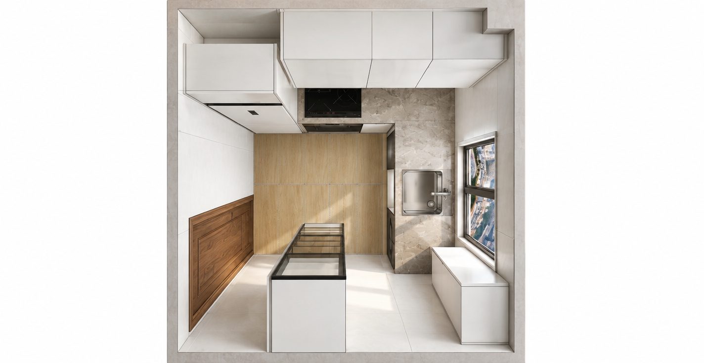 A crisp architectural overhead photograph faithfully preserving the exact layout, geometry, and materials. Soft natural daylight pours through the side window alongside balanced interior ambient light, creating realistic soft contact shadows and depth. All visible textures are rendered with authentic tactile quality, featuring smooth matte white cabinetry, distinct wood grain on the feature wall and door, a sleek glass induction cooktop, reflective stainless steel sink fixtures, and polished grey stone countertops over a clean tiled floor. Shot with a professional medium-format lens, ensuring precise edge-to-edge clarity, neutral color temperature, and accurate material finishes.