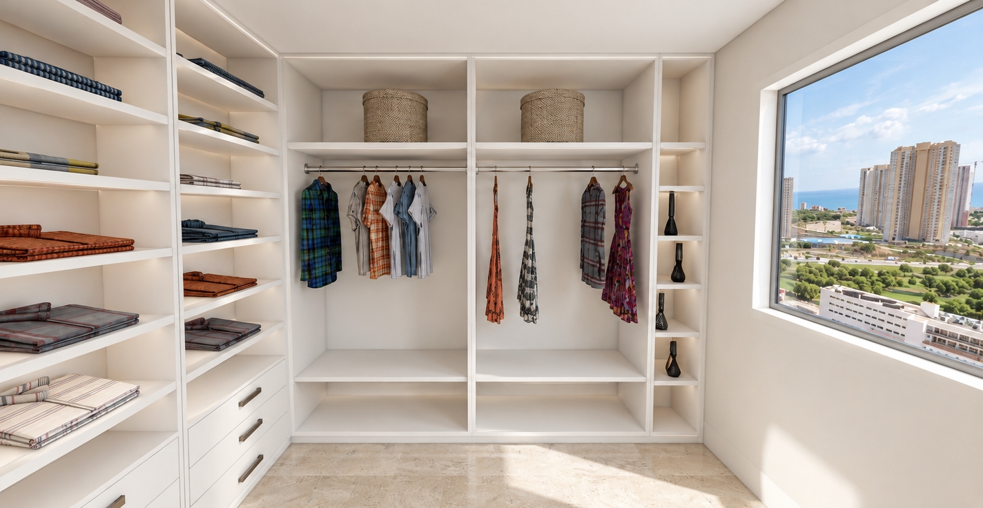 An architectural interior photograph of the walk-in closet, strictly maintaining the exact layout, structure, and original garment colors. Crisp, bright daylight streams through the window on the right, illuminating smooth white matte cabinetry, authentic woven textures on the cylindrical storage boxes, and delicate fabric draping of the hanging and folded clothes. Polished chrome clothing rods cast soft contact shadows, while the light neutral floor subtly reflects ambient daylight. Through the window, a sunny coastal skyline is naturally exposed, captured with clean architectural lens sharpness and balanced interior exposure.