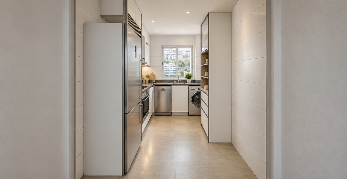 A realistic architectural photograph of the narrow kitchen preserving the exact composition, geometry, and placement, captured with a sharp wide-angle lens at eye level. Soft daylight streams through the rear window, illuminating the subtle sheen of the light beige floor tiles with clean grout lines, the brushed stainless steel appliances, and the matte white cabinet finishes. Gentle ambient reflections cast naturally across the countertops and cabinetry, complemented by crisp edge definition, authentic micro-textures on laminate and metal surfaces, balanced exposure, and subtle natural film grain.