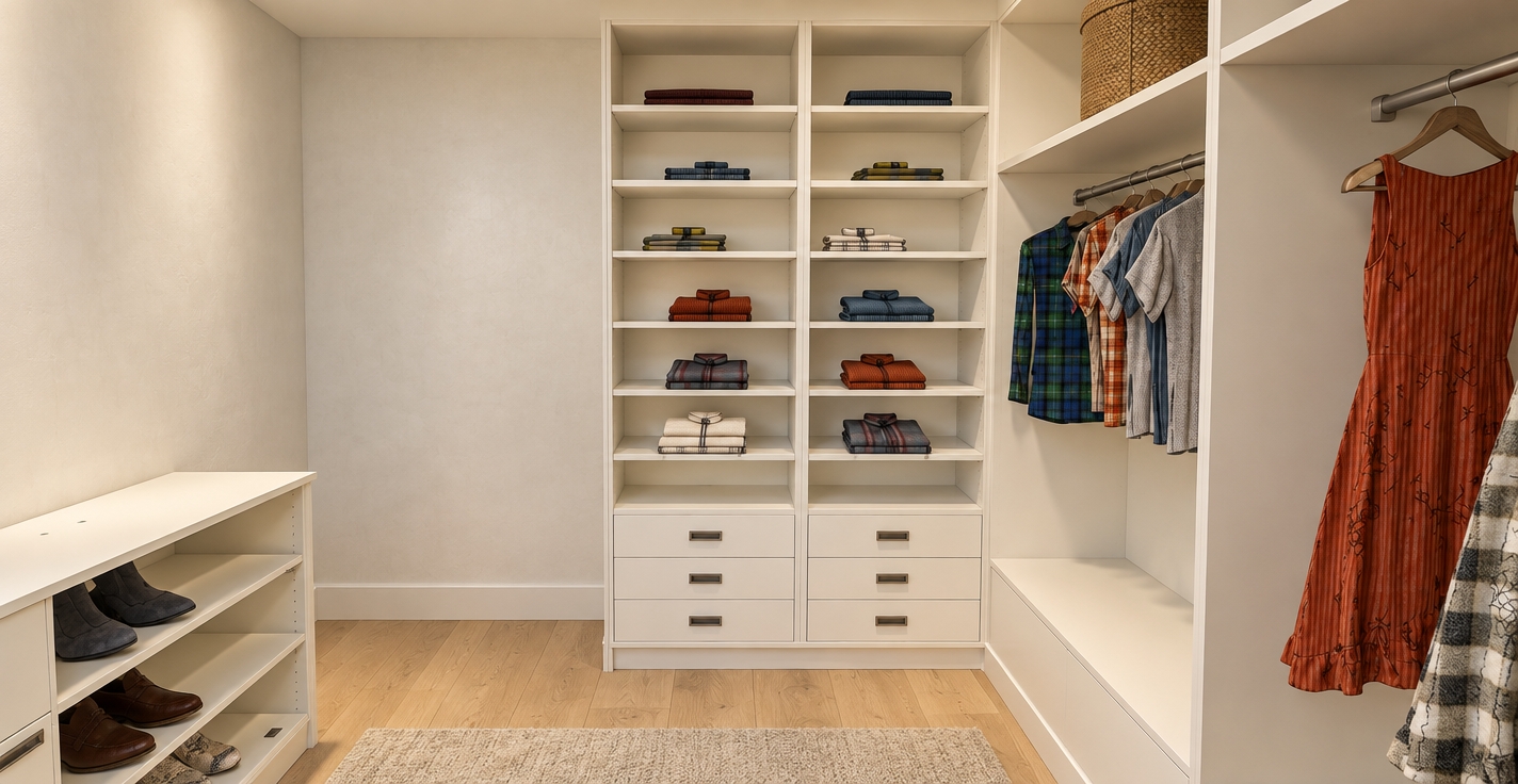 A crisp architectural photograph of the walk-in closet preserving the exact layout, geometry, and garment colors, captured on a wide-angle lens with natural perspective. Soft, balanced warm ambient light illuminates the space, casting gentle contact shadows across the smooth satin-white cabinetry, sleek metal hardware, and natural light oak floorboards. The folded and hanging clothing retains its precise color palette—vibrant blues, greens, and warm terracotta hues—rendered with tangible fabric weaves, organic folds, and lifelike draping. The upper woven storage box, shoe leather textures, and subtle plaster wall sheen are captured with authentic material physics, gentle depth of field, and clean photographic realism.