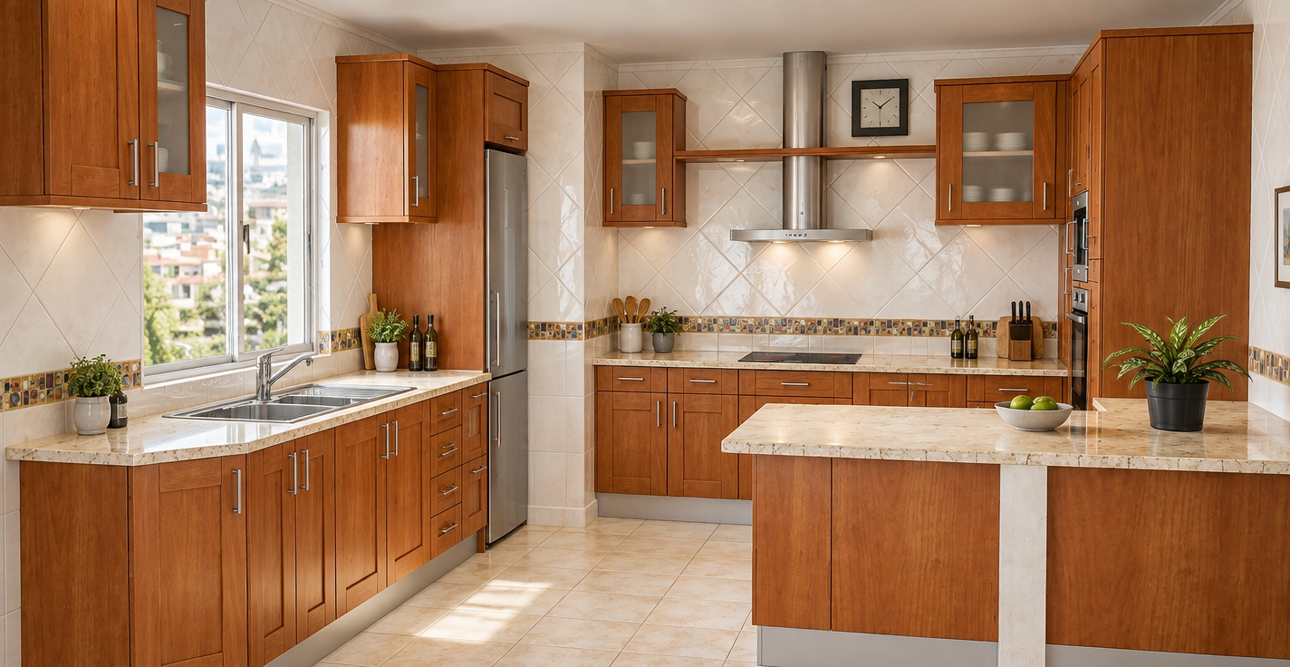 A clean architectural interior photograph capturing the kitchen with precise material fidelity, preserving the exact layout, geometry, and composition. Natural daylight streams through the window, illuminating the rich wood grain of the warm cabinetry, the smooth polish and subtle veining of the cream stone countertops, and the glossy ceramic wall tiles with their patterned mosaic trim. Surfaces exhibit realistic physical textures, soft ambient shadows, and authentic specular reflections across the brushed stainless steel appliances, range hood, and sink, captured with a sharp wide-angle lens and balanced neutral exposure.