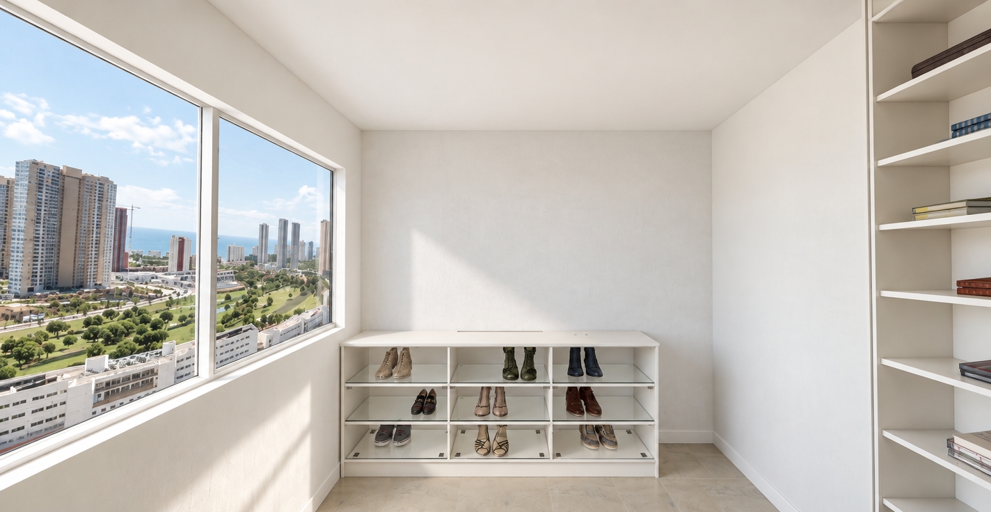 Architectural photograph preserving the exact composition, colors, and minimalist white design. Bright, soft daylight streams through the large window, casting gentle shadows across the matte white walls, neutral floor, and white cabinetry. Realistic surface textures define the leather and fabric shoes, with subtle reflections on glass and crisp ambient occlusion throughout. The cityscape visible outside features natural atmospheric depth and daytime exposure, creating a clean, authentic interior photograph.