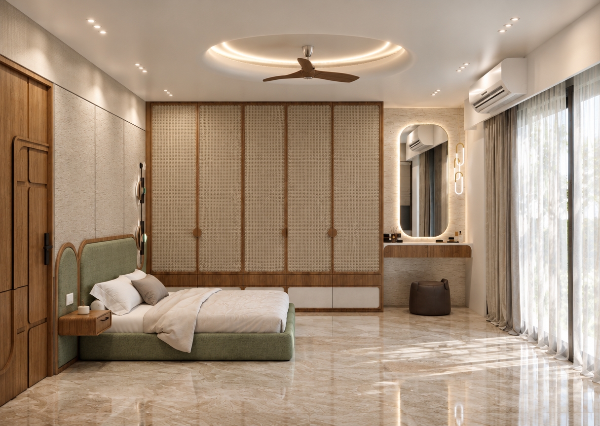 An incredibly lifelike, richly detailed, photorealistic interior shot of a contemporary primary bedroom set in an airy, high-end urban residence. The scene is illuminated by soft, diffused recessed lighting and a striking circular halo glow radiating from the ceiling, creating a sophisticated and balanced atmosphere. Captured with a wide-angle 35mm lens, emphasizing the rich textures of the woven rattan wardrobe panels, the tactile sage-green upholstered bed frame, and the reflective, high-gloss veins of the polished crema marfil stone flooring.

The design exudes contemporary elegance, defined by clean lines and a refined palette of warm white, champagne, and soft gray. A floating vanity with slim metal accents sits beneath a gracefully arched, back-lit mirror, while the bespoke joinery—combining natural timber with woven rattan—anchors the room with organic warmth. Every element is curated for a polished, understated look, from the tailored, crisp white bedding to the sculptural, minimalist ceiling fan. Natural light filters through sheer, floor-to-ceiling drapery, casting gentle shadows that enhance the depth of the space, creating a serene sanctuary that feels both lived-in and impeccably curated.