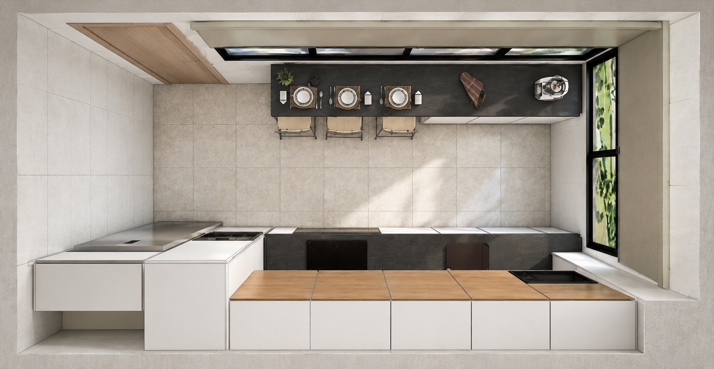 A crisp, top-down architectural photograph capturing the exact kitchen layout with photorealistic fidelity, preserving all existing geometry, colors, and material finishes. Soft natural daylight enters through the side window, casting subtle, realistic directional shadows and soft ambient occlusion across the pale tiled floor, matte white cabinetry, dark charcoal countertops, and warm natural wood surfaces. Dishware, appliances, and barstools display accurate specular reflections and tactile micro-textures. The shot features neutral white balance, sharp edge-to-edge focus, and subtle lens vignetting to render the space as an authentic, high-end interior photograph.