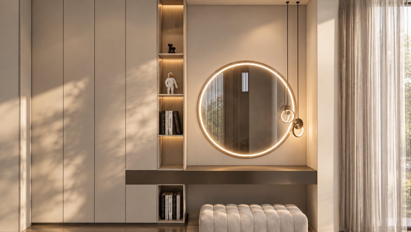 A professional interior architectural photograph of the vanity nook, captured with a 50mm lens under soft morning daylight. The geometry, layout, and materials remain fully intact, enhanced with realistic light decay and authentic textures. Warm illumination glows from the backlit circular mirror and ring pendants, casting subtle, natural gradients across the matte cabinetry and floating console. The tufted bench shows tactile fabric weave with gentle seam creasing, while sheer curtains softly diffuse the incoming light. Glass and mirror surfaces exhibit true-to-life reflections with faint dust imperfections, balanced by gentle tonal roll-off and subtle photographic grain.