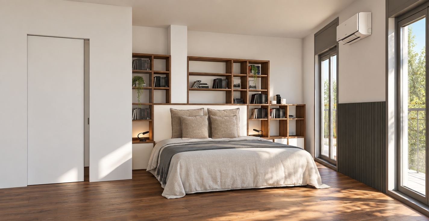 A bright midday architectural photograph capturing the bedroom exactly as composed, illuminated by clean natural daylight streaming through the glass doors on the right. Natural wood grain textures define the dark flooring and headboard shelving, complemented by matte white plaster walls and dark fluted paneling. The bed is dressed in realistically creased neutral cotton linens and soft woven pillows, rendered with natural micro-textures and subtle fabric sheen. Sunlight creates authentic ambient bounce, balanced highlights, and gentle indoor shadows, photographed using a crisp wide-angle lens with straight verticals, balanced dynamic range, and fine photographic grain.