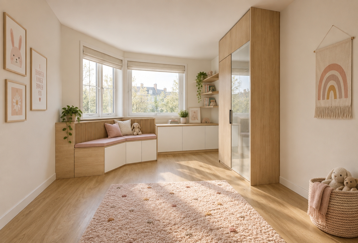 A realistic interior photograph of a bright girl's bedroom, capturing the identical room geometry and layout with wide-angle architectural framing. Soft, diffused daylight pours through the bay windows, casting gentle shadows across the warm natural oak laminate flooring. The built-in wooden bench features a fitted seat cushion upholstered in soft, textured light pink woven fabric, complemented by natural light oak slatted backrests and clean white cabinet doors. The tall wardrobe on the right displays realistic light oak grain with subtle matte glass reflections. Neutral off-white walls bounce natural light gently into the space, finished with faint realistic imperfections, delicate depth of field, and subtle lens vignetting.