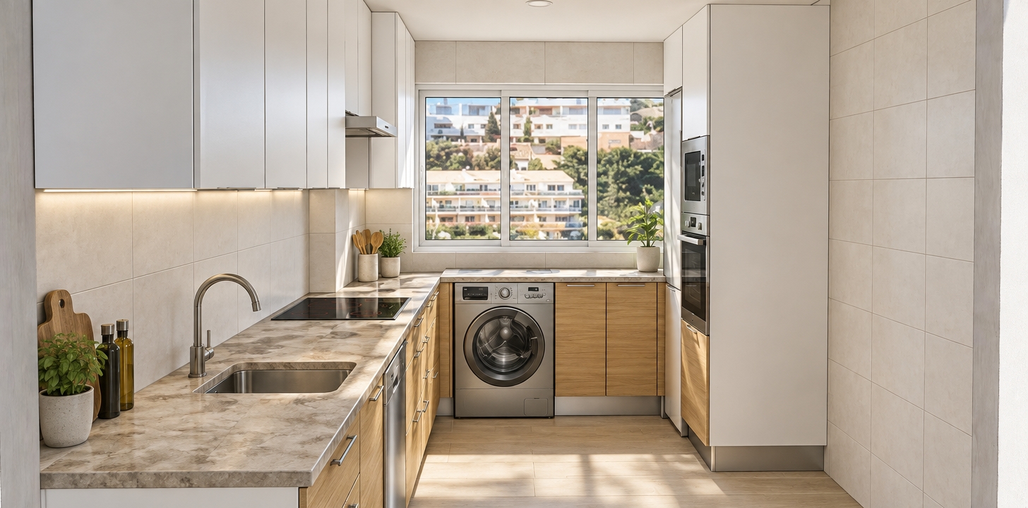 A photorealistic architectural photograph preserving the exact composition, layout, and materials of the scene, captured with an eye-level wide-angle lens. Bright, natural daylight streams through the window, illuminating the authentic textures of the honed stone countertops, the natural grain of the lower wooden cabinets, and the smooth matte white upper cabinetry. The brushed stainless steel sink, washing machine, and integrated ovens display realistic soft metallic sheens and subtle reflections. Balanced natural contrast, accurate soft contact shadows, and authentic optical clarity highlight every surface detail and the sunlit view outside while keeping the exact geometry intact.