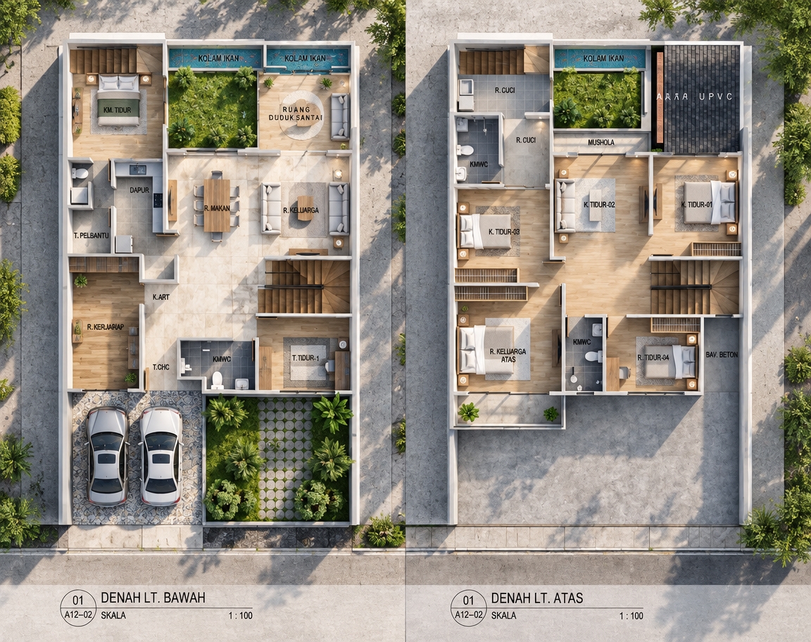 A crisp architectural photograph capturing the exact top-down cutaway floor plan under bright, clear midday spring sunlight. Neutral daylight illuminates the layout, casting sharp, realistic short shadows across the light oak flooring, concrete exterior slabs, and tiled interior areas. The garden courtyards feature fresh, vibrant spring greenery, while the water features exhibit gentle surface ripples and realistic light refraction. Subtle photographic realism enhances the scene through matte wall finishes, tactile upholstery textures, clean car paint gloss, and realistic ambient light bounce, all captured through a sharp architectural lens with balanced natural exposure and fine grain.