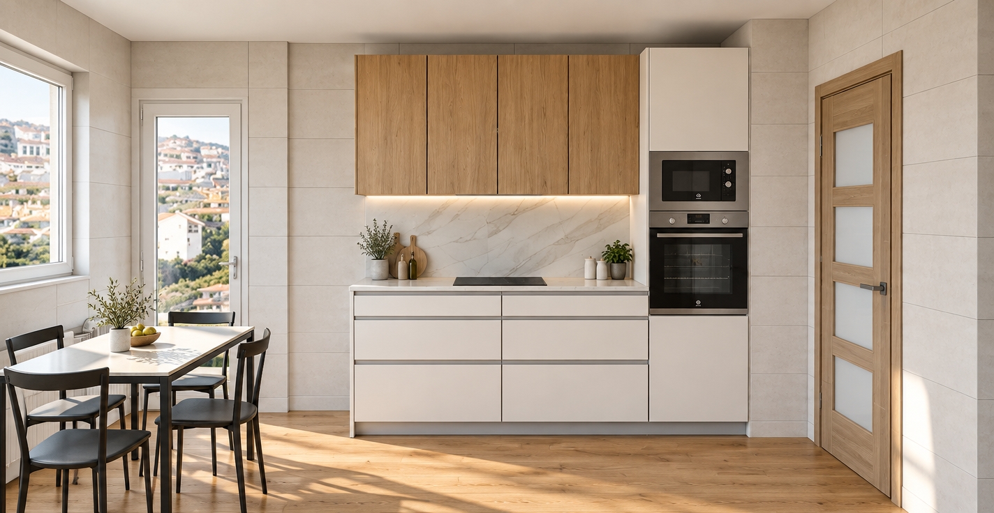 An architectural photograph of the modern kitchen bathed in natural daylight entering from the left window, preserving the exact layout, geometry, and materials. Rich, authentic wood grain defines the floating upper cabinets and flooring, contrasting with the crisp matte white cabinetry, subtle veining on the marble backsplash, and fine grout lines of the tiled walls. Soft directional light creates gentle shadows beneath the dining table and chairs, casting authentic reflections across the glass and brushed stainless steel oven stack. Captured with a straight-on 35mm architectural lens, balanced exposure, sharp depth of field, and tangible surface micro-textures.