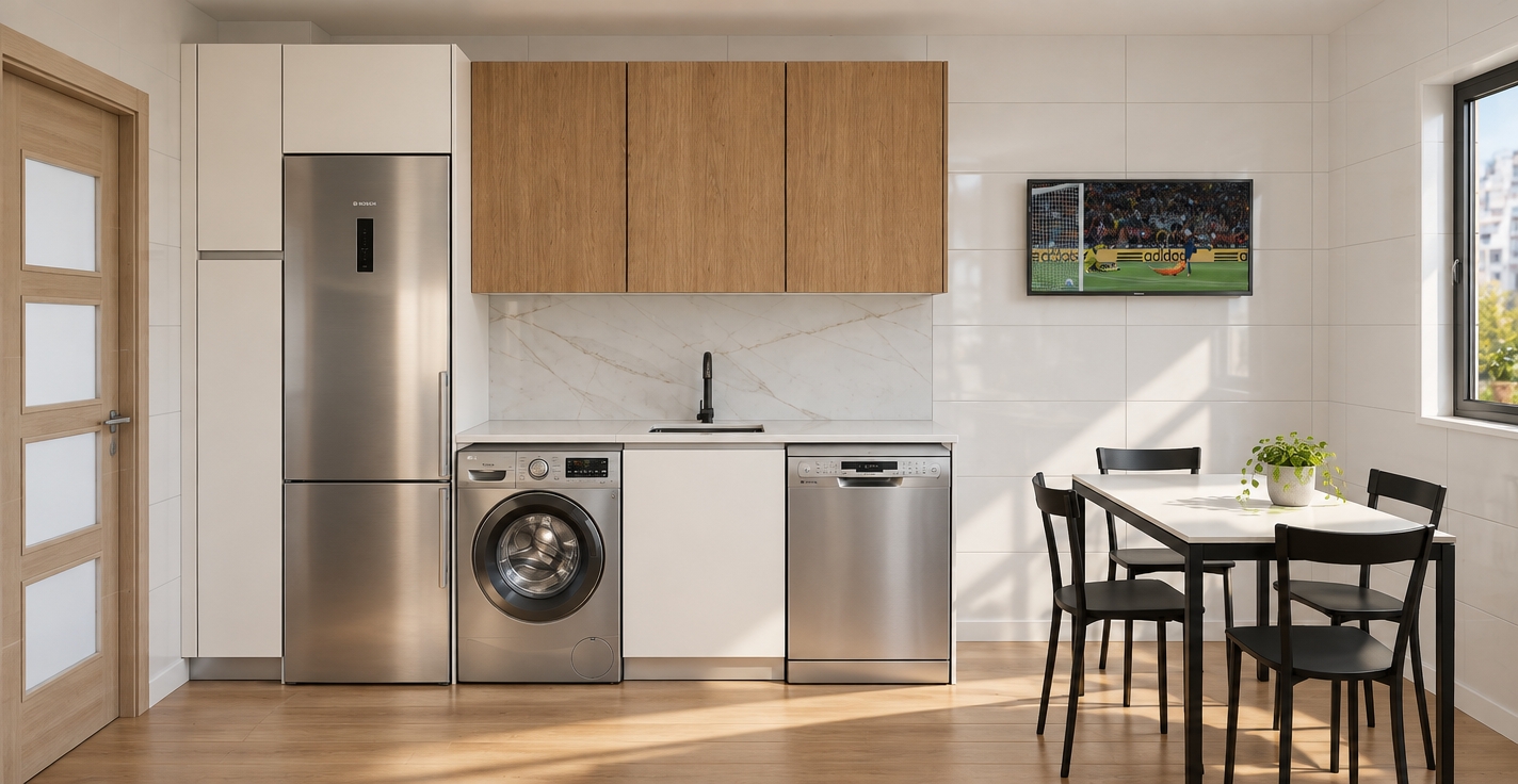 A crisp, eye-level architectural photograph capturing the exact scene with realistic textures and balanced daylight pouring in from the window on the right. The white-tiled walls reveal subtle grout depth and glossy reflections, contrasting with the warm, matte vertical grain of the upper oak cabinets and the soft sheen of the light wood flooring. The stainless steel refrigerator, dishwasher, and washing machine exhibit authentic brushed metal surfaces with soft specular highlights, faint reflections, and realistic seams. A subtle marble veining details the backsplash behind the dark matte faucet. Ambient interior fill light gently lifts the shadows beneath the cabinets and around the black dining set, captured with an edge-to-edge sharp 35mm lens, neutral color temperature, and fine photographic grain for grounded realism.