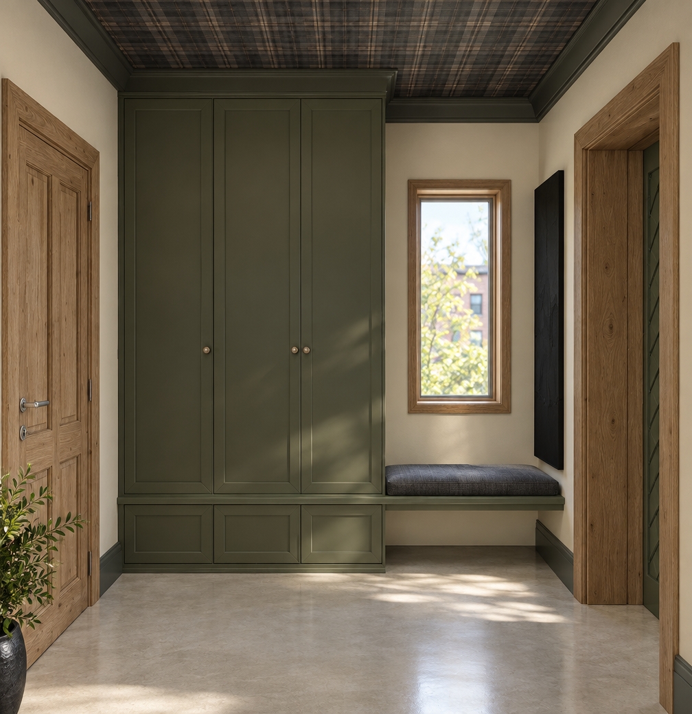 An incredibly lifelike, richly detailed, photorealistic eye-level interior photo of a sophisticated modern fusion mudroom set in an upscale urban residence. The scene is illuminated by soft, natural midday summer light filtering through a crisp window, creating a serene yet dynamic atmosphere. Captured with a 35mm lens, the image emphasizes the rich, matte olive finish of the floor-to-ceiling cabinetry, which contrasts beautifully with the warm, rustic grain of the natural oak door frames. The ceiling features a textured, charcoal-toned plaid wallpaper that adds depth, balanced by the minimalist bench topped with a plush, dark slate-grey cushion. Beside the window, a sleek, vertical slab of black abstract wall art provides a bold, contemporary focal point, while the smooth, light concrete flooring reflects the airy, open-concept layout. The composition is grounded by the interplay of metallic hardware, clean geometric lines, and a touch of lush greenery tucked into a corner, lending a fresh, organic vitality to the industrial-inspired space. Every surface—from the satin sheen of the custom built-ins to the raw, tactile wood grain of the doors—is rendered with exquisite clarity, showcasing a design that feels both meticulously curated and effortlessly functional.