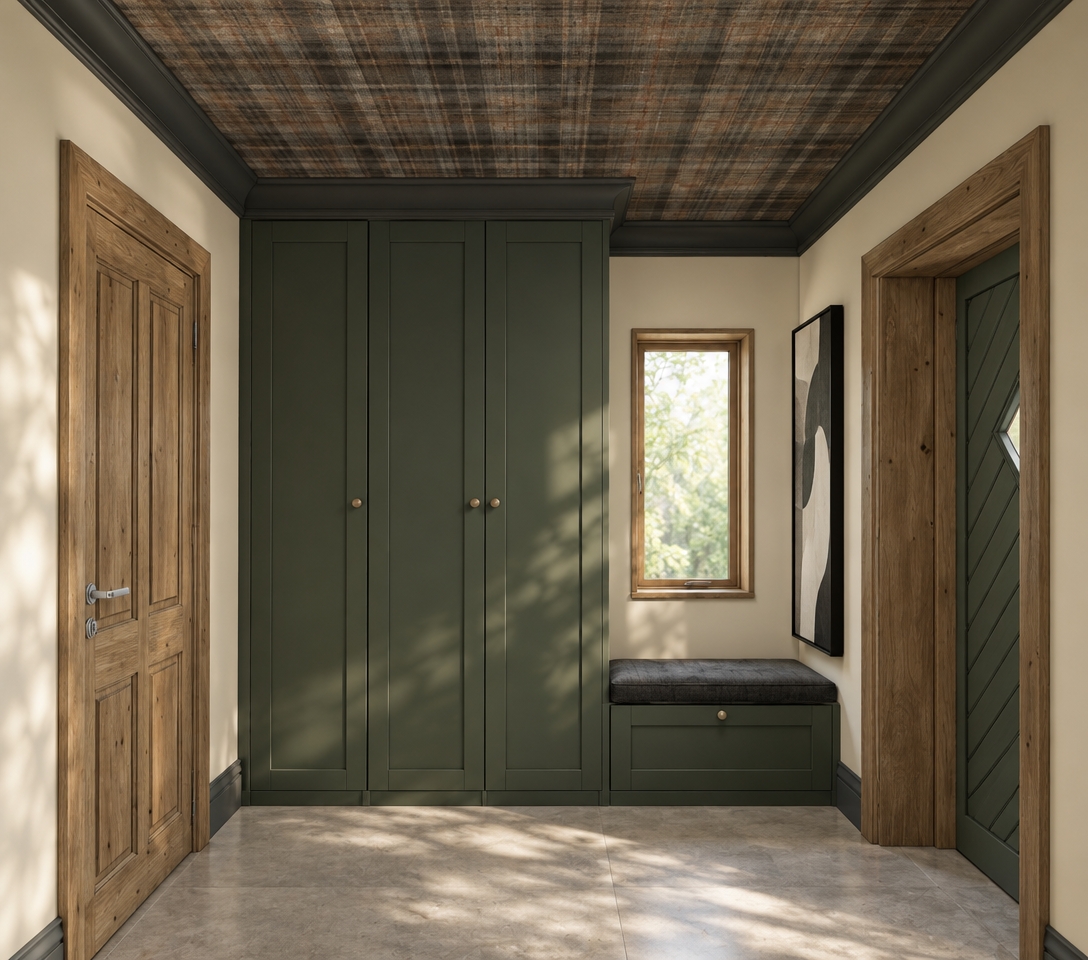 An incredibly lifelike, richly detailed, photorealistic interior photo of a sophisticated mudroom set in a modern fusion residence. The scene is illuminated by soft, diffused midday light streaming through the window, creating a serene, inviting atmosphere. Captured with a 35mm wide-angle lens, the composition emphasizes the clean lines of the custom forest-green cabinetry that anchors the space, paired with intricate wooden grain detailing on the surrounding door frames. The ceiling features a dramatic, textured plaid finish bordered by bold charcoal molding, while a plush charcoal-upholstered bench provides a functional, minimalist seating element. A sleek, abstract piece of wall art adds a contemporary flair, contrasting with the smooth, matte finish of the floor and the subtle, industrial-inspired metallic hardware on the cabinets. Lush greenery sits just out of frame, casting gentle, organic shadows that dance across the light-toned walls, while vibrant textural accents in the textiles provide a dynamic, high-end feel, perfectly balancing the warmth of natural wood with a sleek, urban aesthetic.