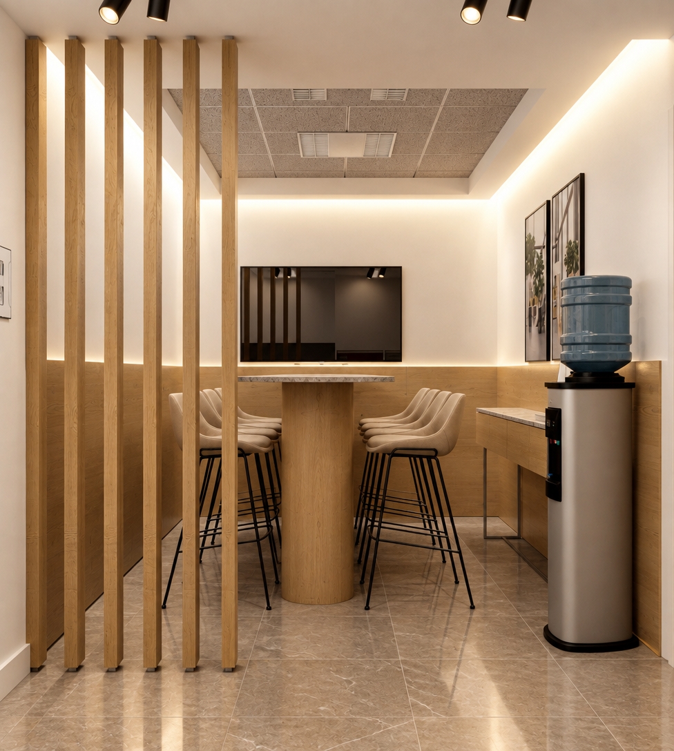An incredibly lifelike, richly detailed, photorealistic interior shot of a contemporary minimalist office breakout zone. The scene is illuminated by soft, recessed perimeter cove lighting and modern track spotlights, creating a warm, inviting, and professional atmosphere. Captured with a wide-angle 24mm lens, emphasizing the fine grain of the vertical oak timber slats, the smooth texture of the beige bar stools, and the subtle veining of the stone-tiled floor.

This intimate workspace is defined by a central, pedestal-style high-top table flanked by slender timber louvers that provide a sense of semi-private enclosure without sacrificing openness. To the right, a clean-lined console table supports a sleek water dispenser, while minimalist framed art adds a touch of sophistication to the matte white walls. The composition balances the verticality of the wooden slats with the horizontal flow of the ambient lighting, resulting in a perfectly curated, high-end corporate interior that feels both functional and tranquil.