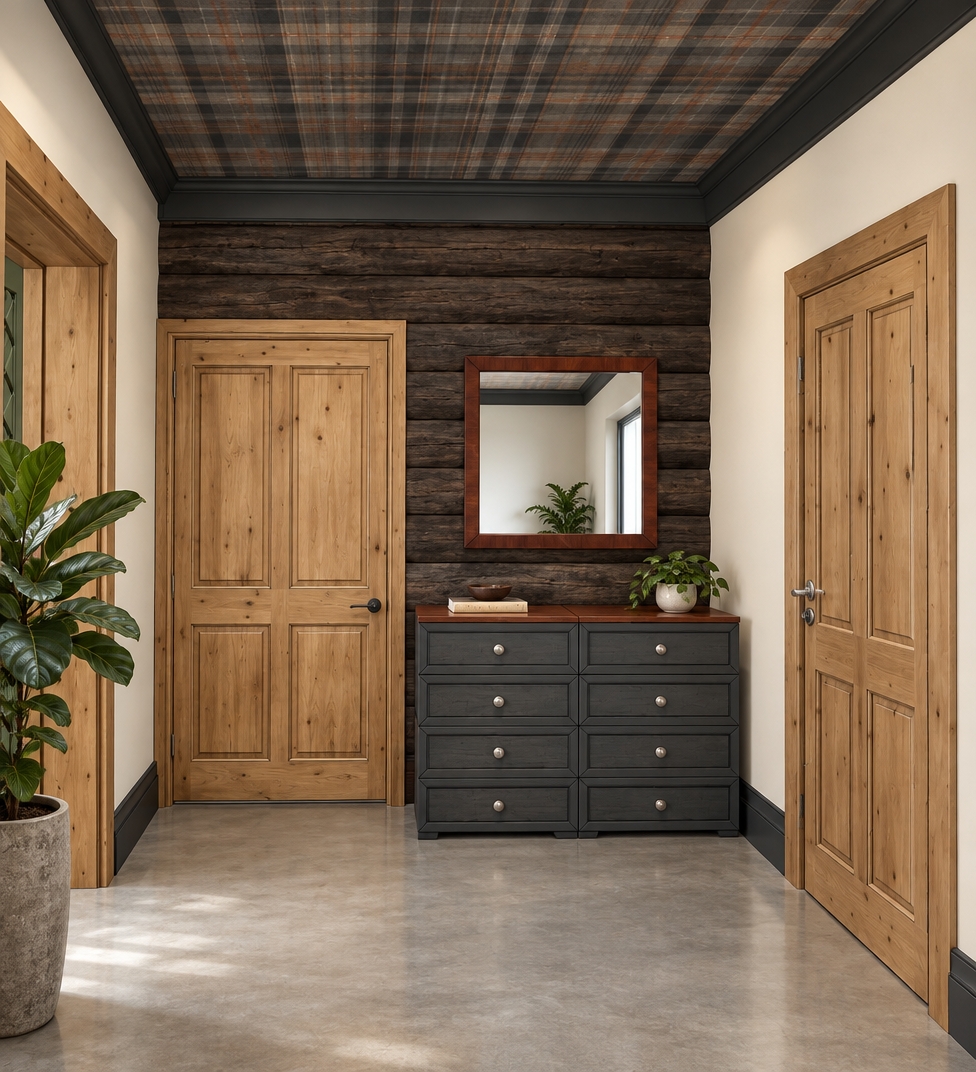 An incredibly lifelike, richly detailed, photorealistic interior photo of a sophisticated mudroom set in a high-end residence during a bright summer midday. The scene is illuminated by soft, diffused natural light filtering from an unseen source, creating a warm yet crisp, modern fusion atmosphere. Captured with a 35mm wide-angle lens, the composition emphasizes the striking contrast between the rugged, dark-stained horizontal log walls and the clean, contemporary geometry of the room. A sleek, modular dresser with a rich mahogany top and deep charcoal-grey drawers serves as the focal point, anchored by a minimalist, square-framed mirror that reflects the airy space. The ceiling features a dramatic, tactile plaid-patterned finish in muted slate and earth tones, framed by sharp, matte-black trim that perfectly complements the industrial-inspired hardware on the warm, honey-toned knotty pine doors. Smooth, seamless concrete flooring provides a neutral foundation, while a touch of vibrant life is introduced by a lush, oversized potted fiddle-leaf fig tucked into the corner, its deep green leaves softening the bold, geometric lines of the cabinetry. The atmosphere is one of curated calm—a perfect blend of rustic character and urban refinement, where every surface, from the polished wood grain to the brushed metal accents, is rendered with absolute clarity and depth.