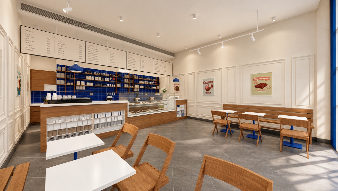An incredibly lifelike, richly detailed, photorealistic interior shot of a minimalist coffee shop set in a serene urban environment. The scene is illuminated by crisp, soft midday light filtering through unseen windows, creating a clean, inviting atmosphere. Captured with a wide-angle lens, emphasizing the harmony between the warm wood tones and the cool slate-gray flooring.

The design is a masterclass in uncluttered elegance, featuring streamlined wooden chairs and sleek white tables that emphasize a functional, Zen-inspired aesthetic. The focal point is a striking wall of cobalt-blue tiles that contrasts beautifully against the surrounding walls, adorned with tasteful vintage-style chocolate posters that add a touch of personality without compromising the minimalist integrity. The space feels intentionally curated, with clutter-free surfaces and an airy layout that suggests a peaceful, tranquil retreat from the bustle of the city outside. Every element, from the recessed track lighting to the carefully arranged display shelves, contributes to a balanced, monochromatic-leaning palette that feels both modern and timeless.